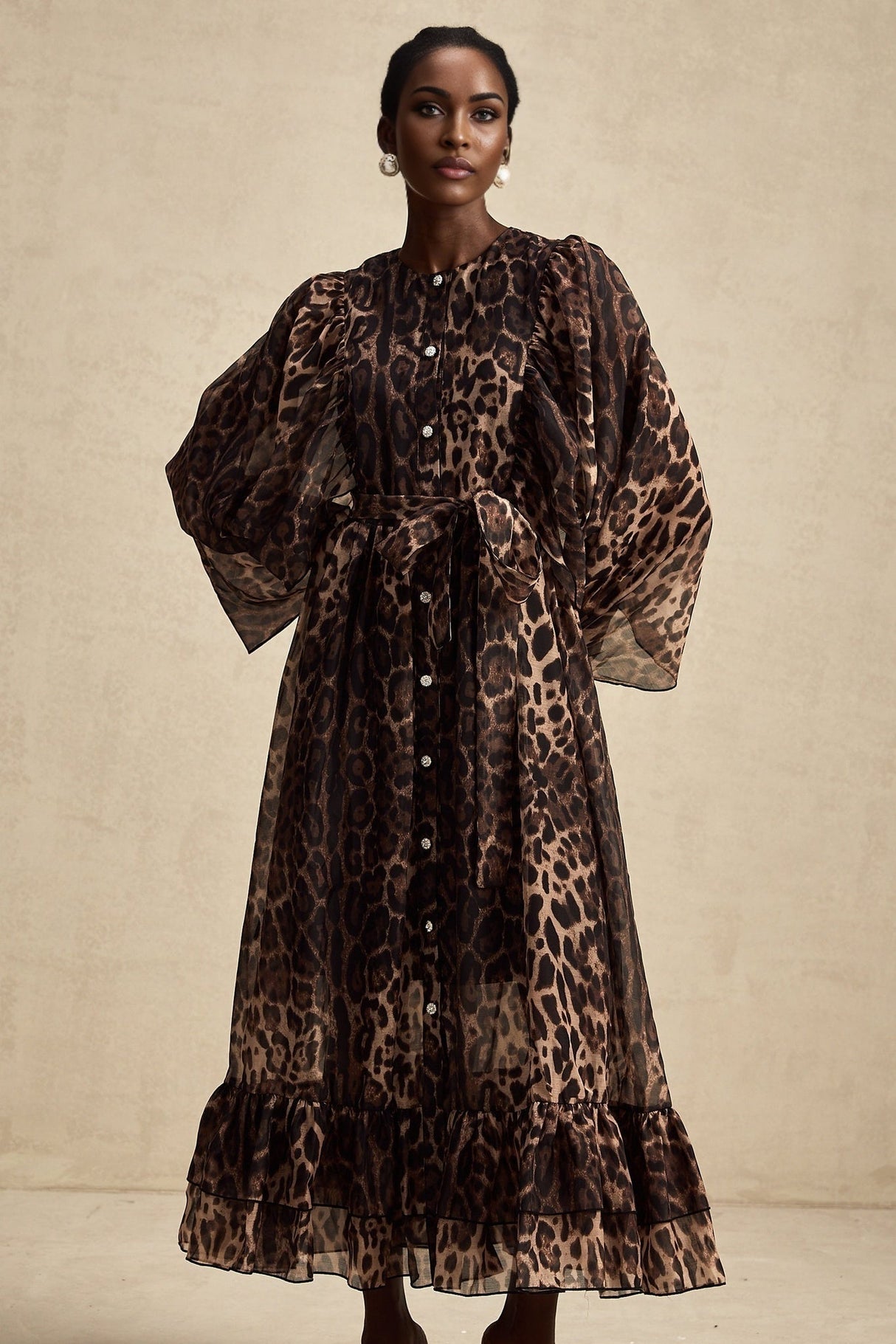 Michaela Midi Dress Leopard Print Ruffled Single Breasted Brown