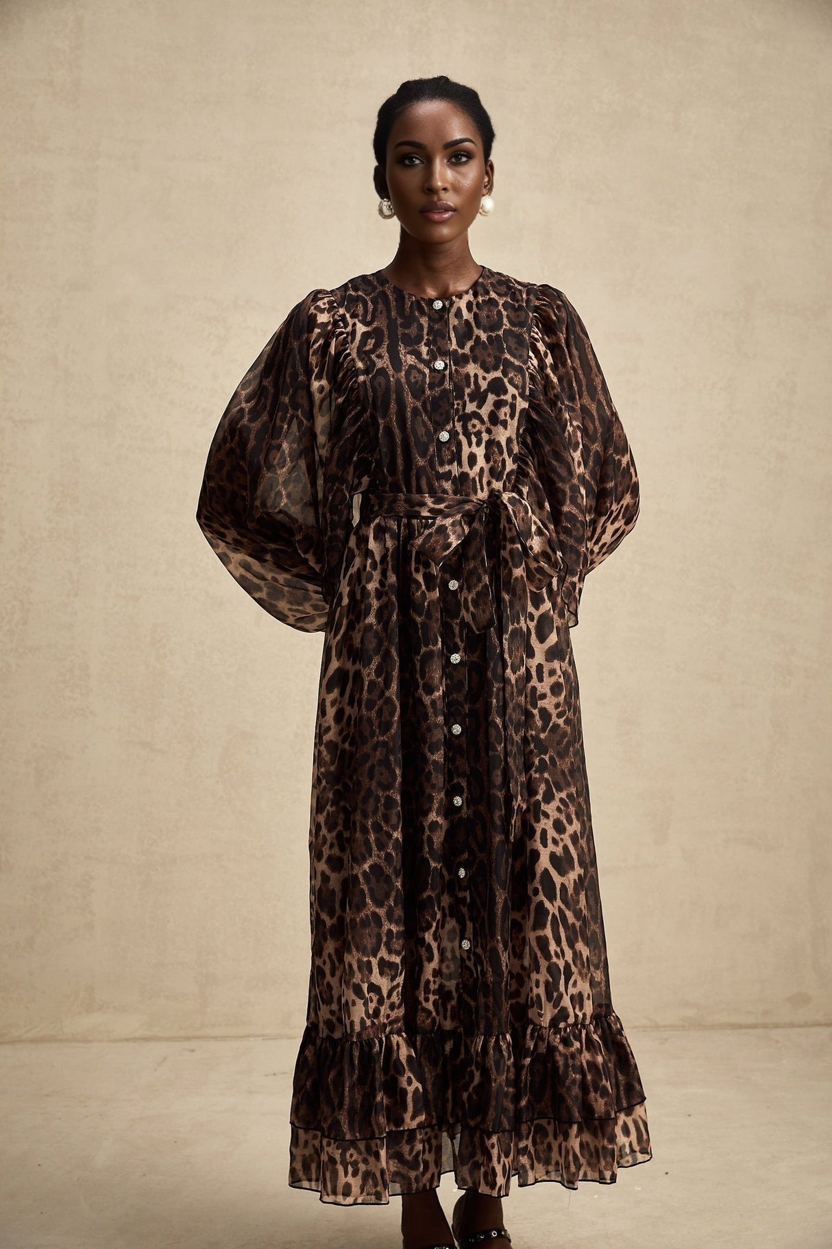 Michaela Midi Dress Leopard Print Ruffled Single Breasted Brown