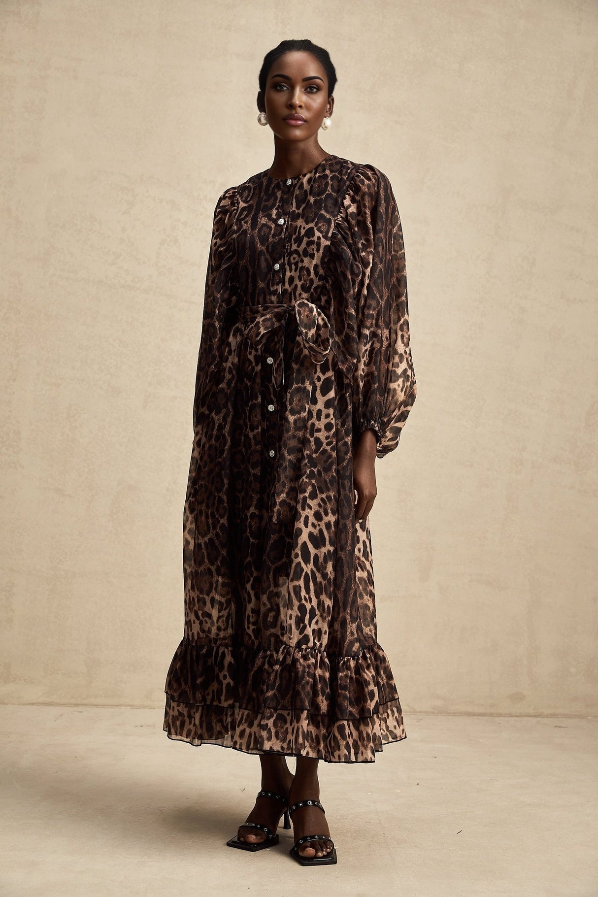 Michaela Midi Dress Leopard Print Ruffled Single Breasted Brown