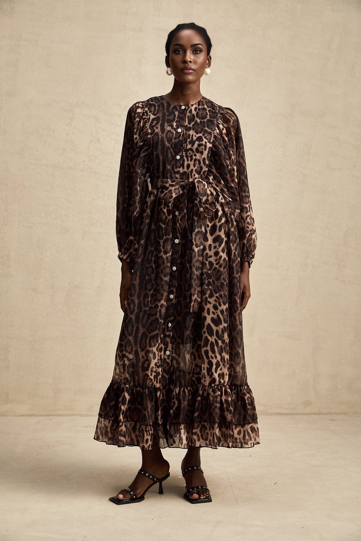 Michaela Midi Dress Leopard Print Ruffled Single Breasted Brown