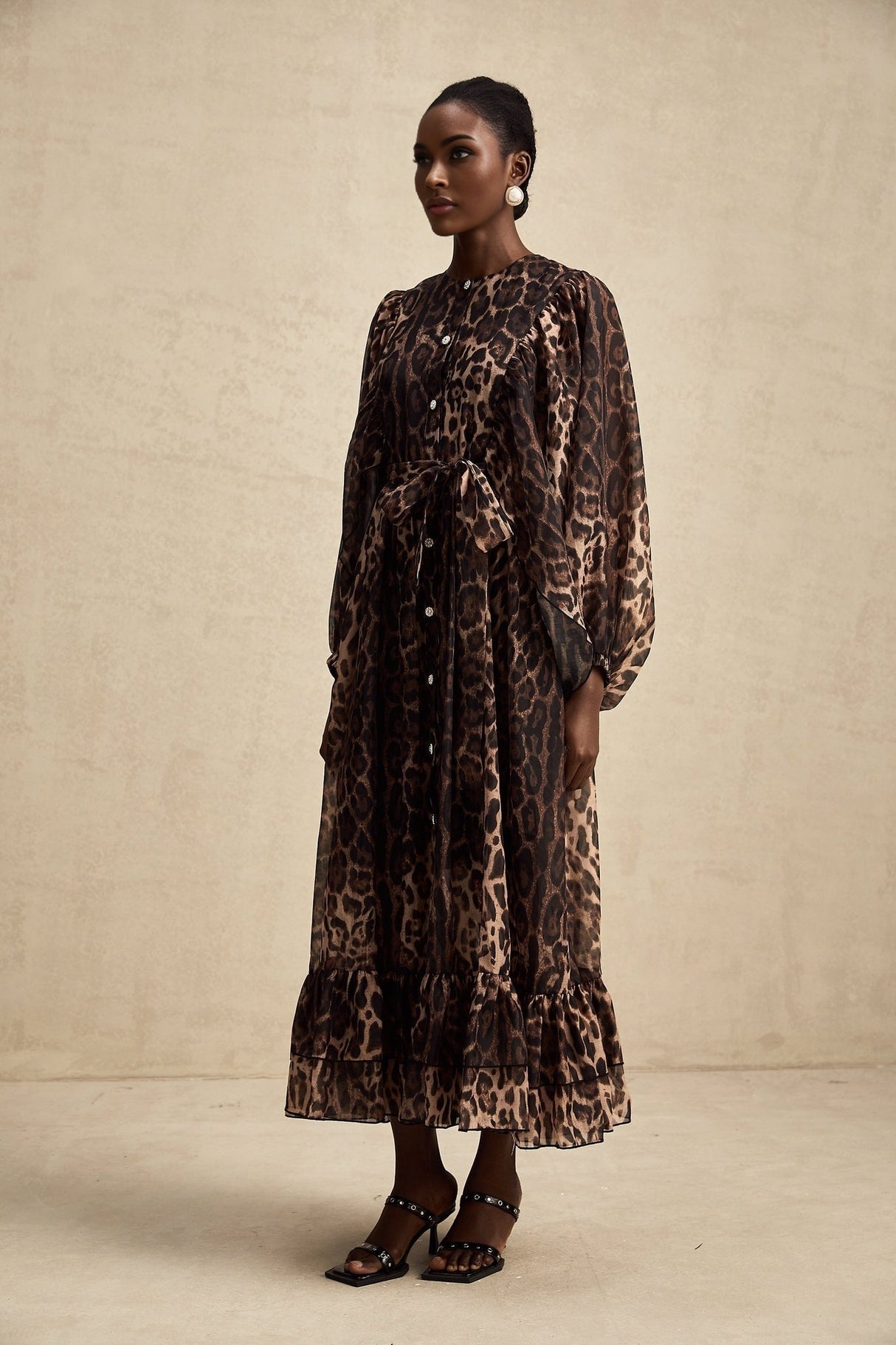 Michaela Midi Dress Leopard Print Ruffled Single Breasted Brown