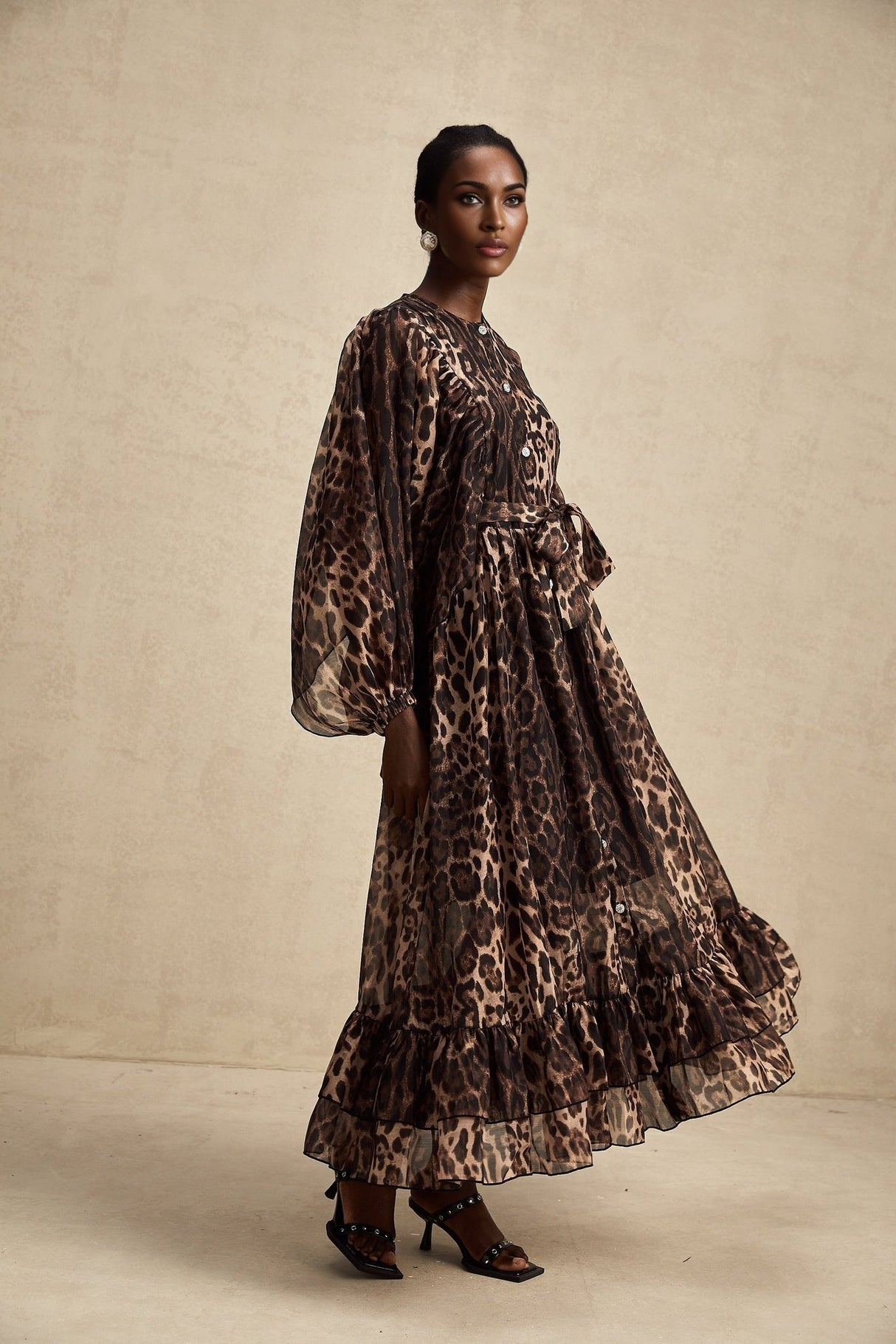 Michaela Midi Dress Leopard Print Ruffled Single Breasted Brown