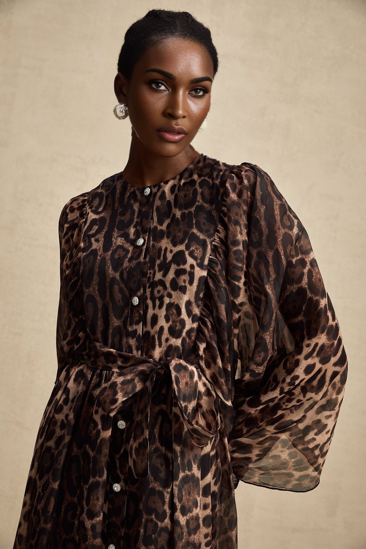 Michaela Midi Dress Leopard Print Ruffled Single Breasted Brown