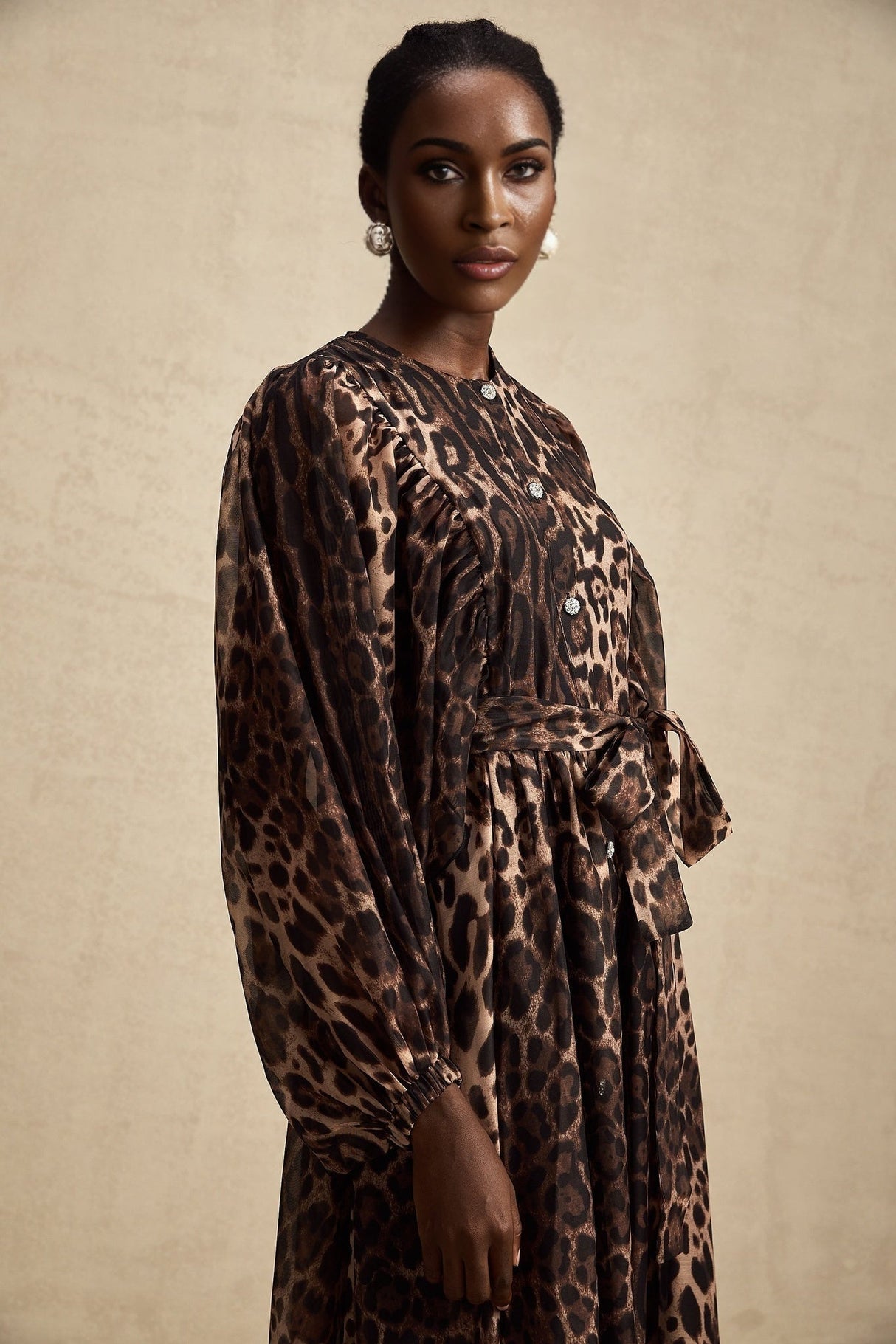 Michaela Midi Dress Leopard Print Ruffled Single Breasted Brown