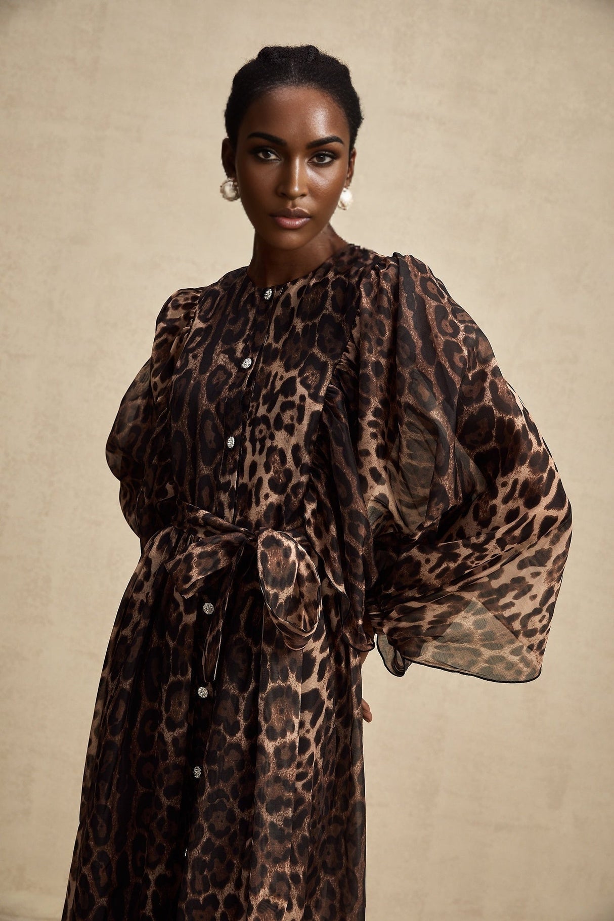 Michaela Midi Dress Leopard Print Ruffled Single Breasted Brown