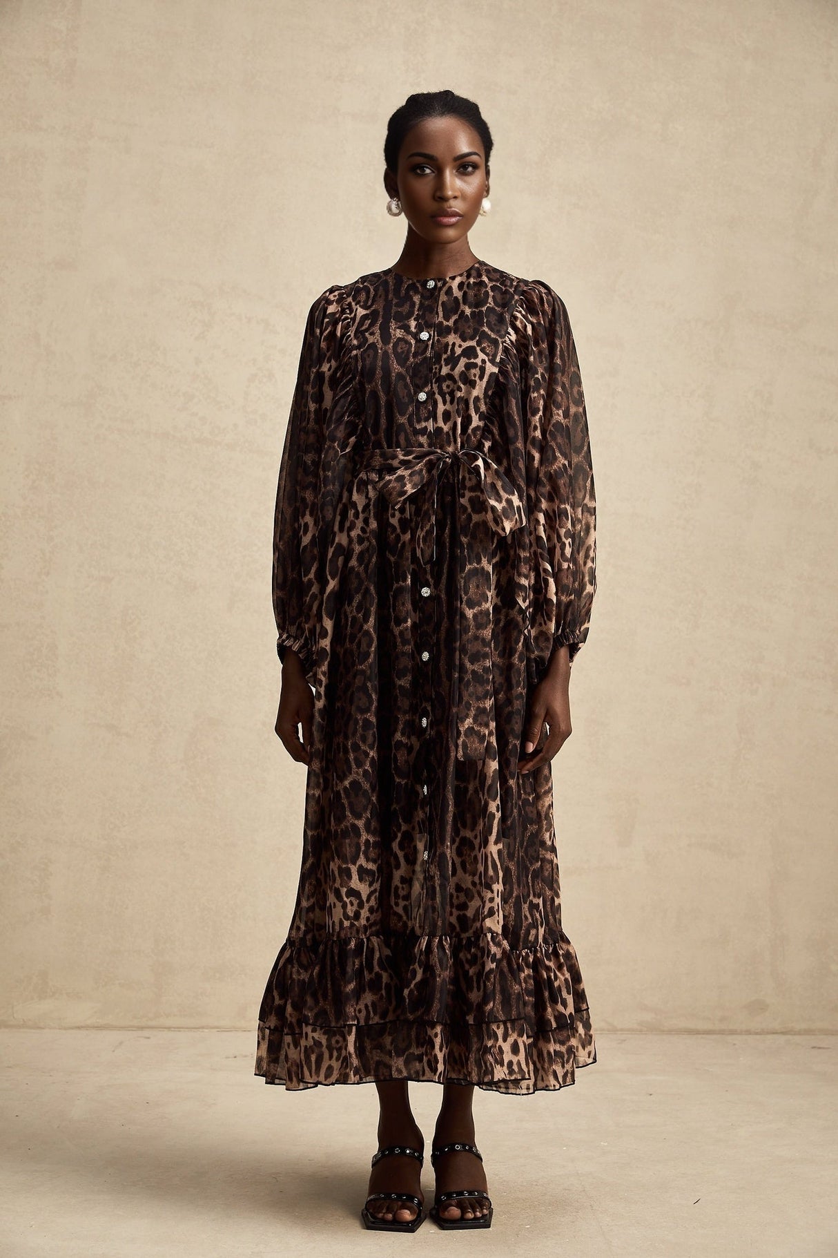 Michaela Midi Dress Leopard Print Ruffled Single Breasted Brown