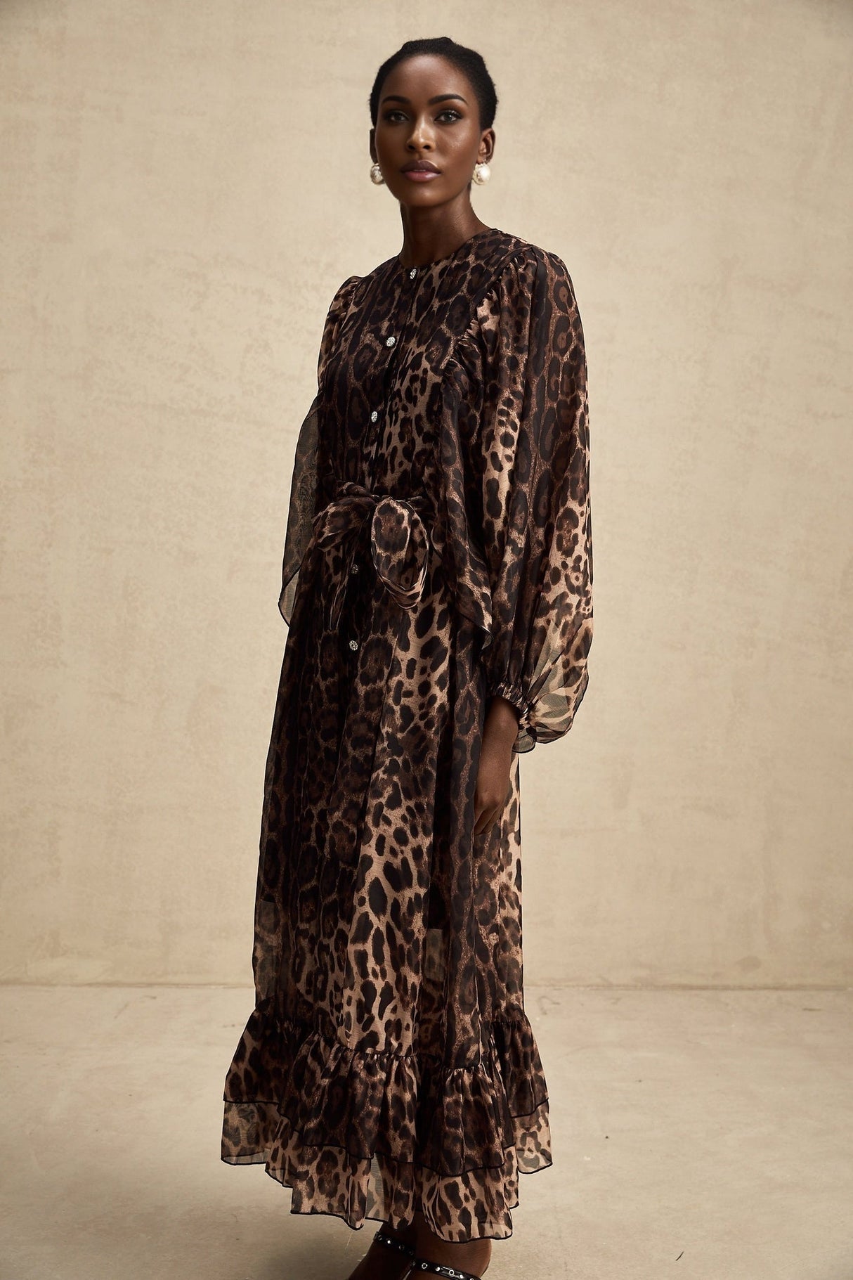 Michaela Midi Dress Leopard Print Ruffled Single Breasted Brown