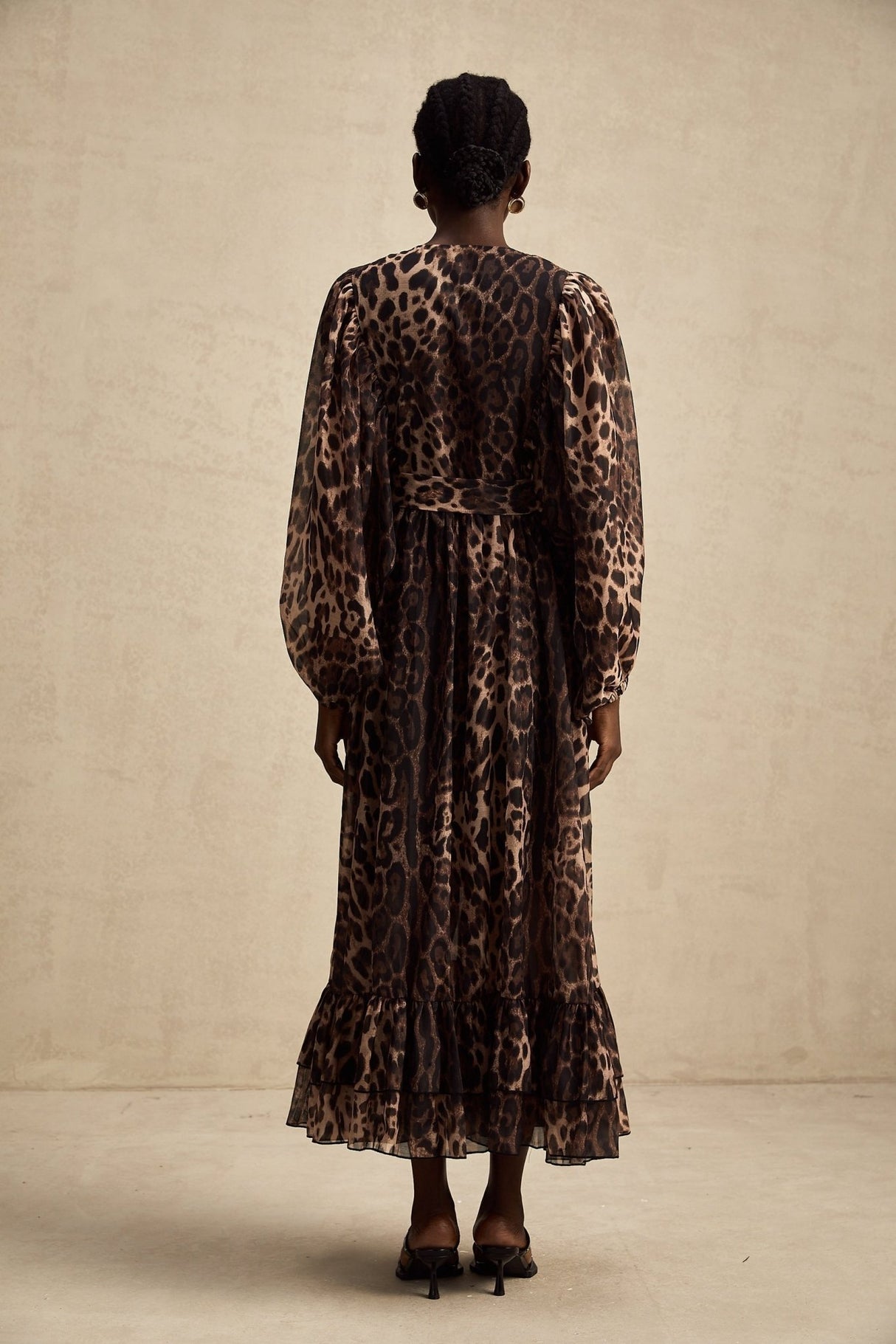 Michaela Midi Dress Leopard Print Ruffled Single Breasted Brown