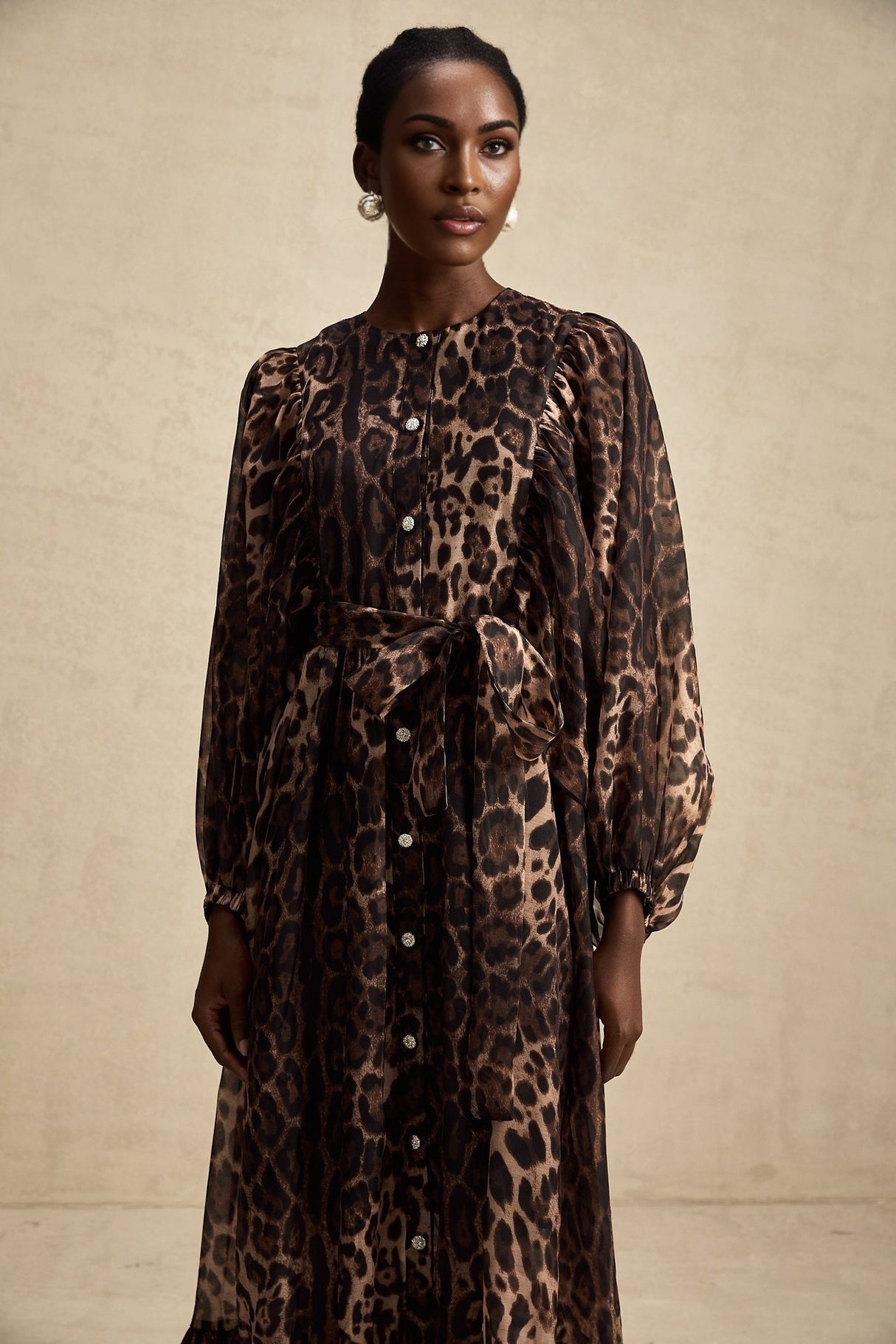 Michaela Midi Dress Leopard Print Ruffled Single Breasted Brown