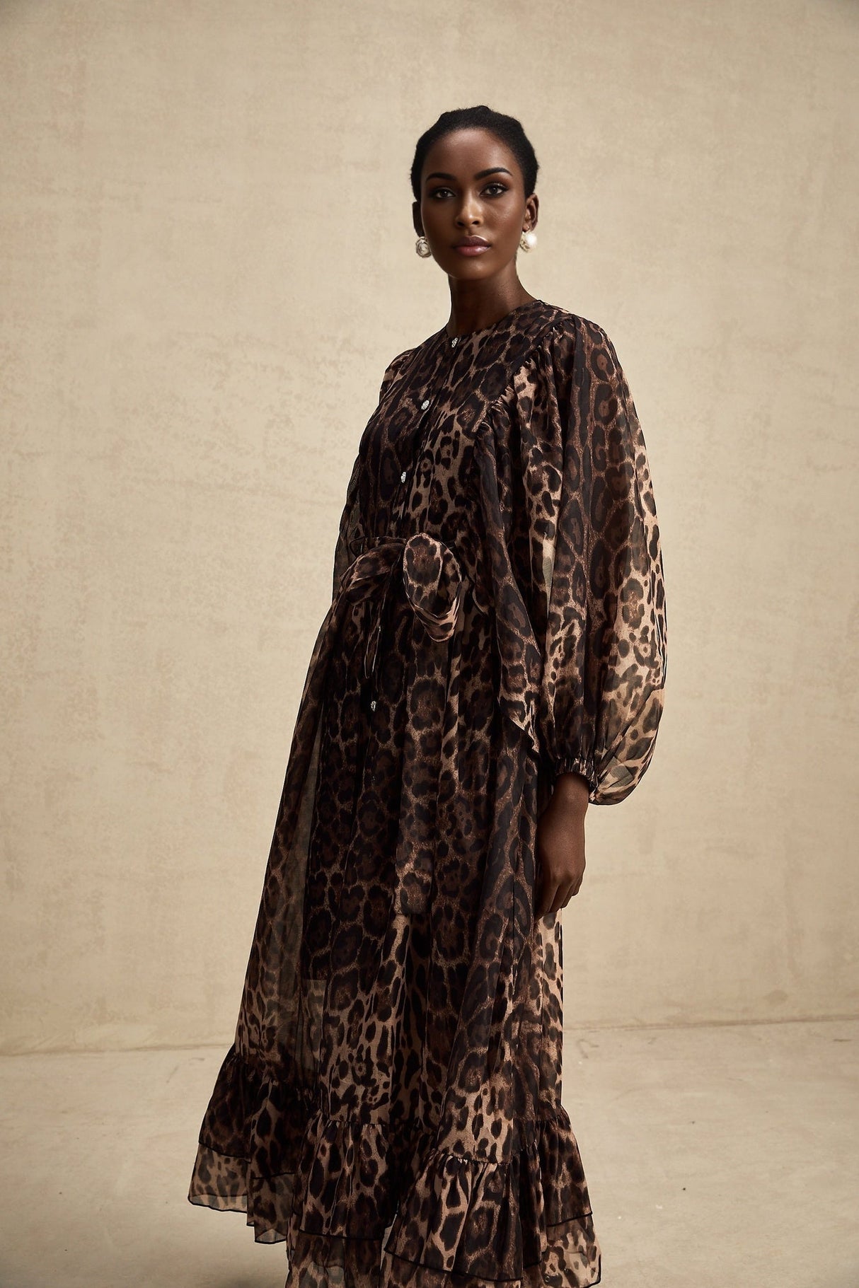 Michaela Midi Dress Leopard Print Ruffled Single Breasted Brown