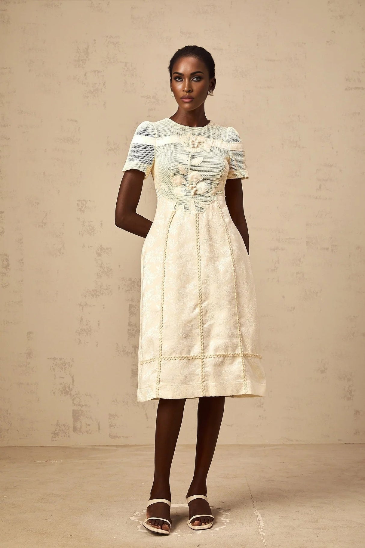 Michaela Midi Dress White Neutrals Floral Embroidery Openwork A - line