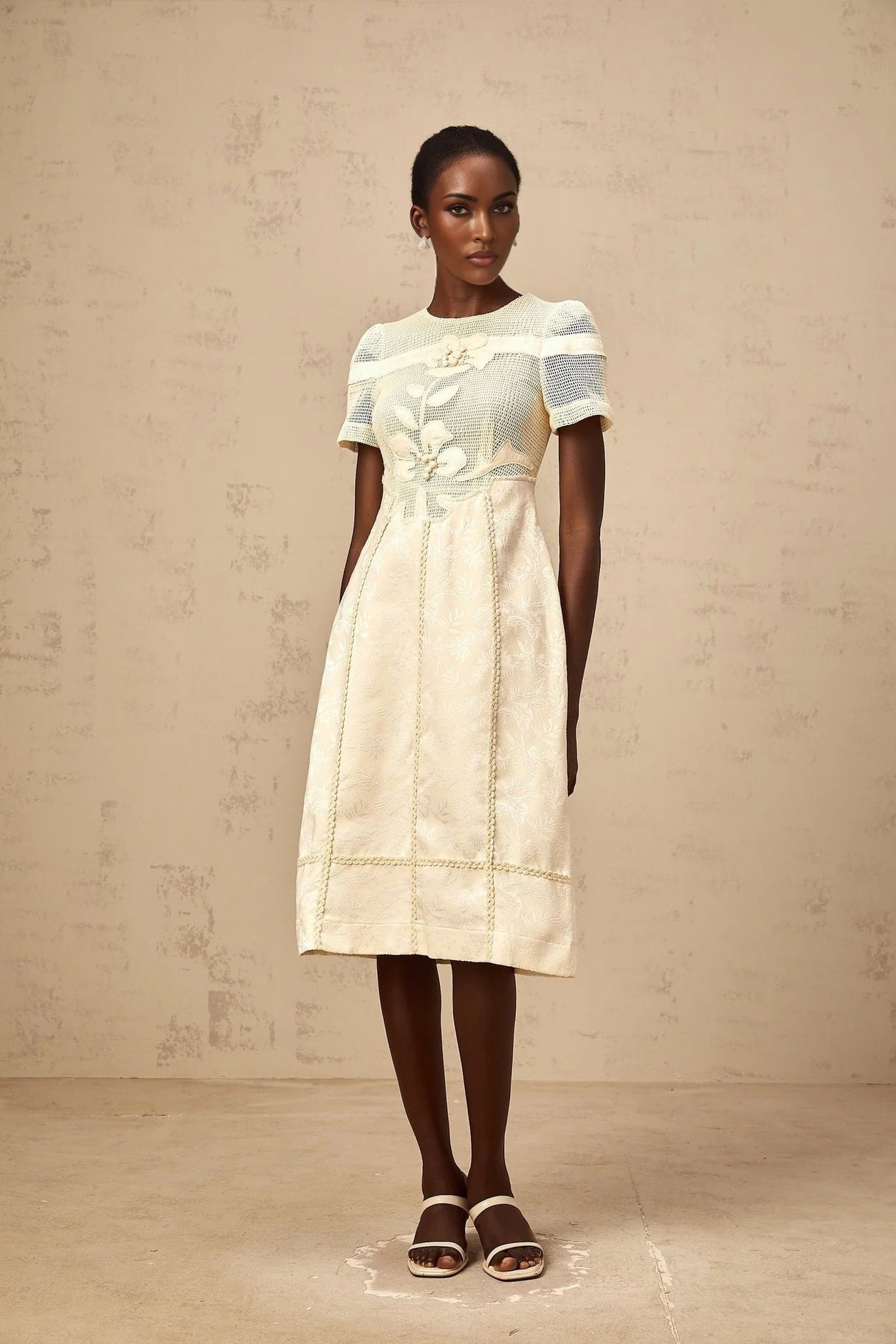 Michaela Midi Dress White Neutrals Floral Embroidery Openwork A - line