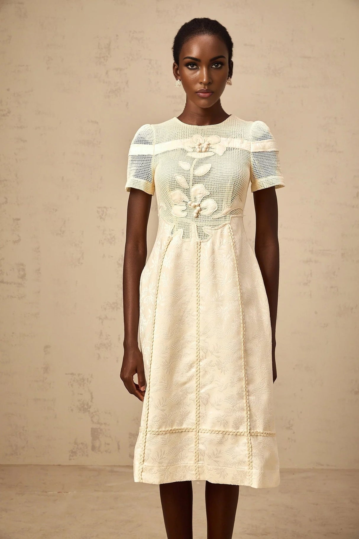 Michaela Midi Dress White Neutrals Floral Embroidery Openwork A - line