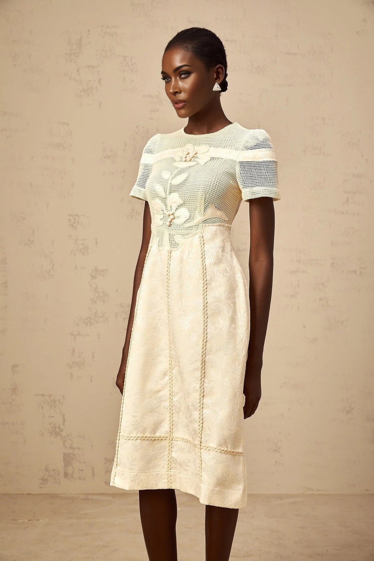 Michaela Midi Dress White Neutrals Floral Embroidery Openwork A - line