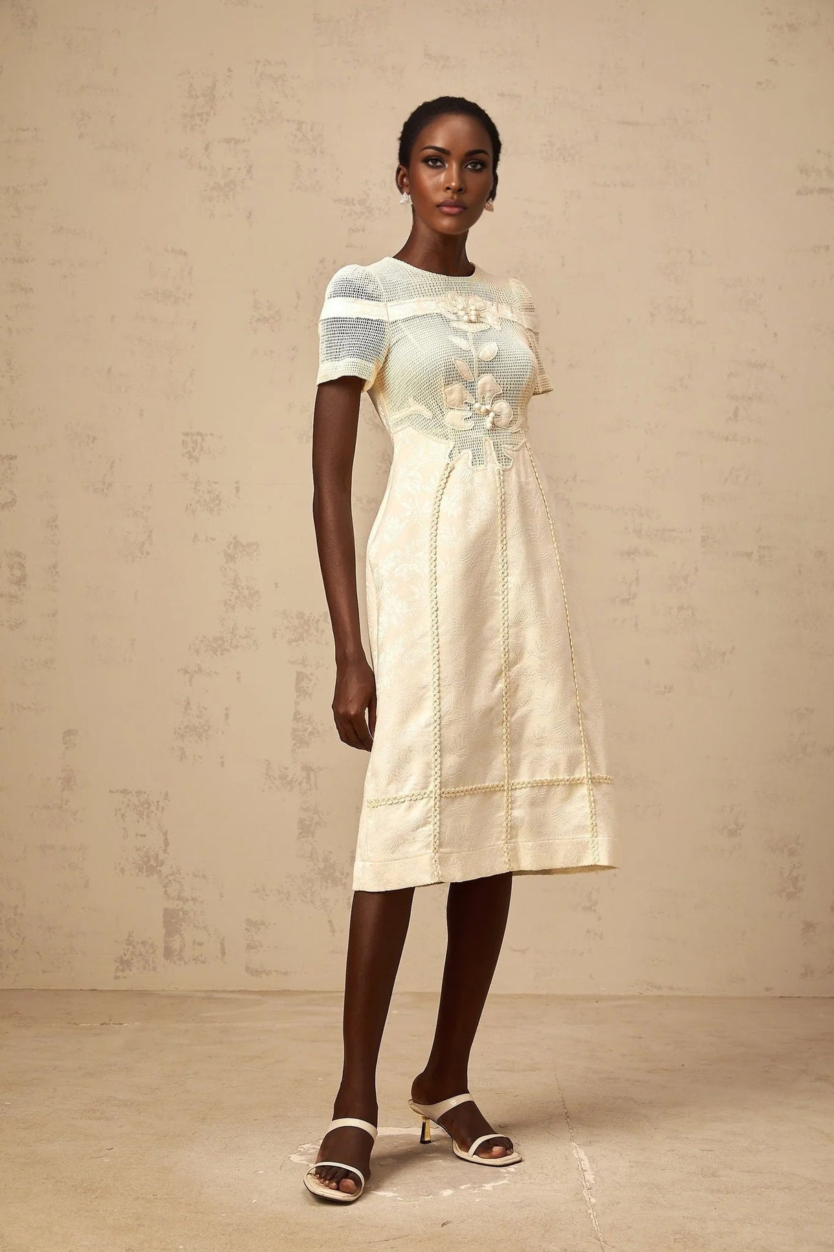 Michaela Midi Dress White Neutrals Floral Embroidery Openwork A - line