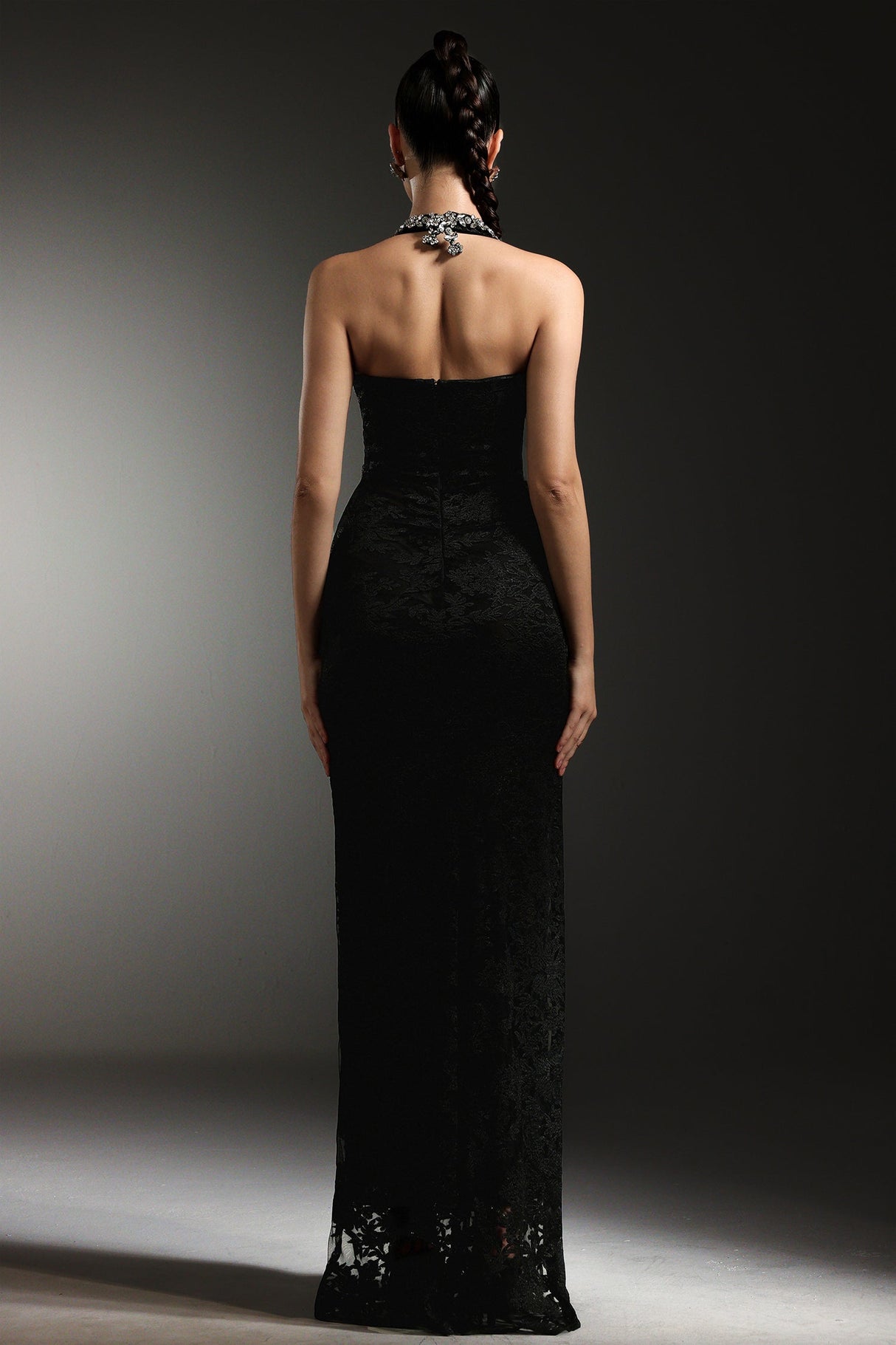Michela Black Glamour V-Neckline Dress with Sparkling Embellishments and High Slit Design for Formal Events and Galas