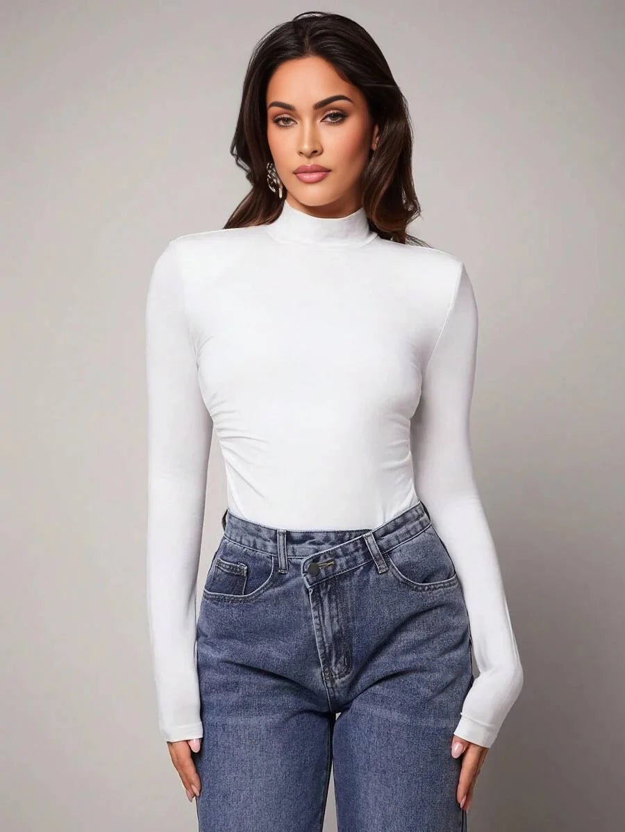 Michela Bodysuit - High Stretch Fabric Elasticity - Slim Fit - Casual Style - Long Sleeve Length - Backless, Ruched - Stand Collar Neckline