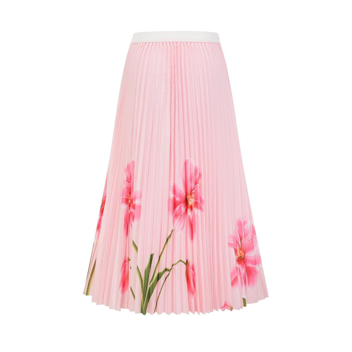 Michela Floral Midi Dress Pink Crew Neck with Short Sleeves & Pleated Detail