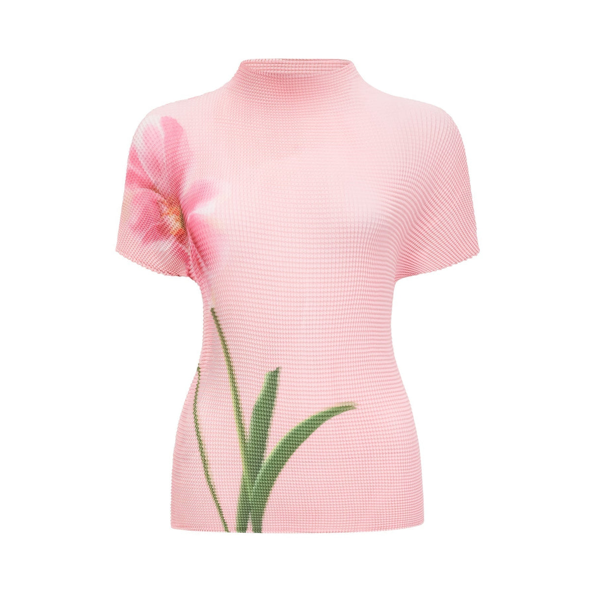 Michela Floral Midi Dress Pink Crew Neck with Short Sleeves & Pleated Detail
