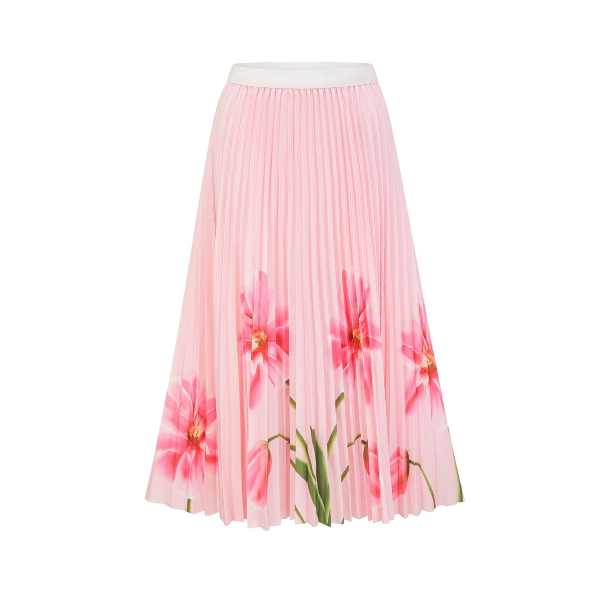 Michela Floral Midi Dress Pink Crew Neck with Short Sleeves & Pleated Detail