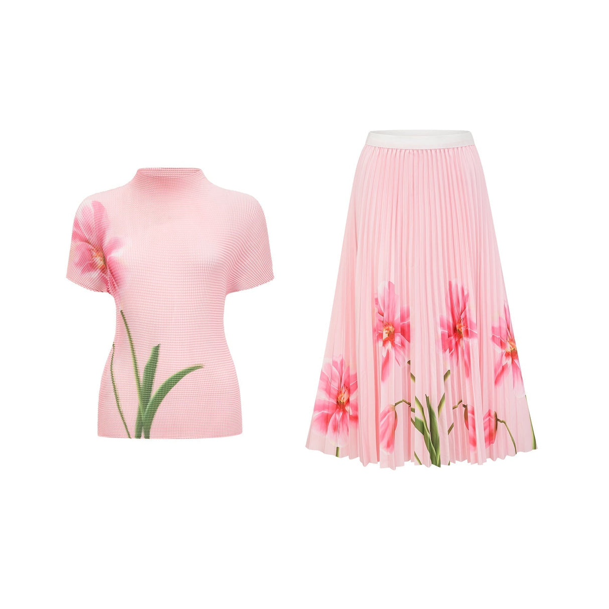 Michela Floral Midi Dress Pink Crew Neck with Short Sleeves & Pleated Detail
