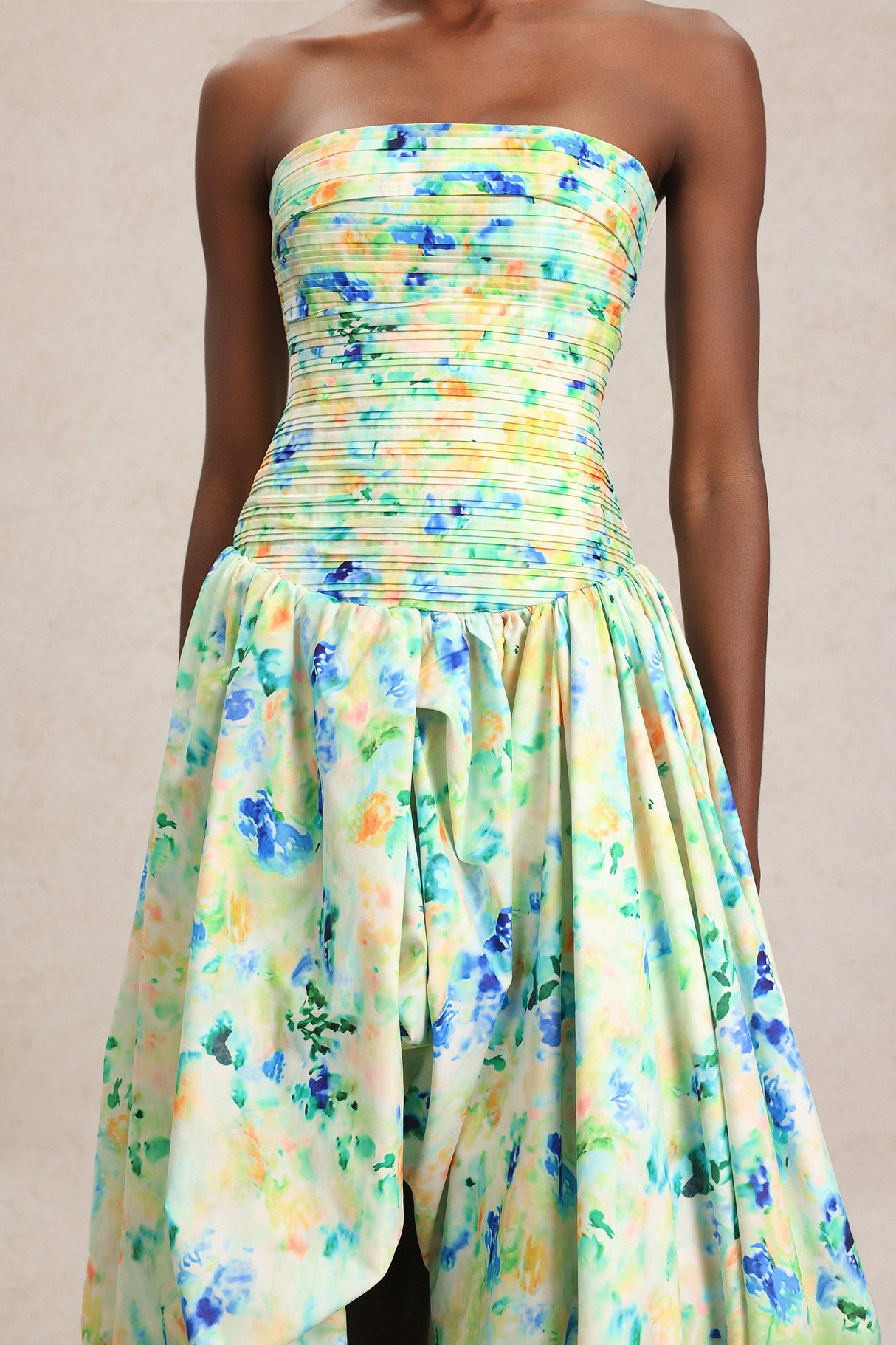 Michela Green Floral Print Maxi Dress with Strapless Neckline and Asymmetrical Hemline