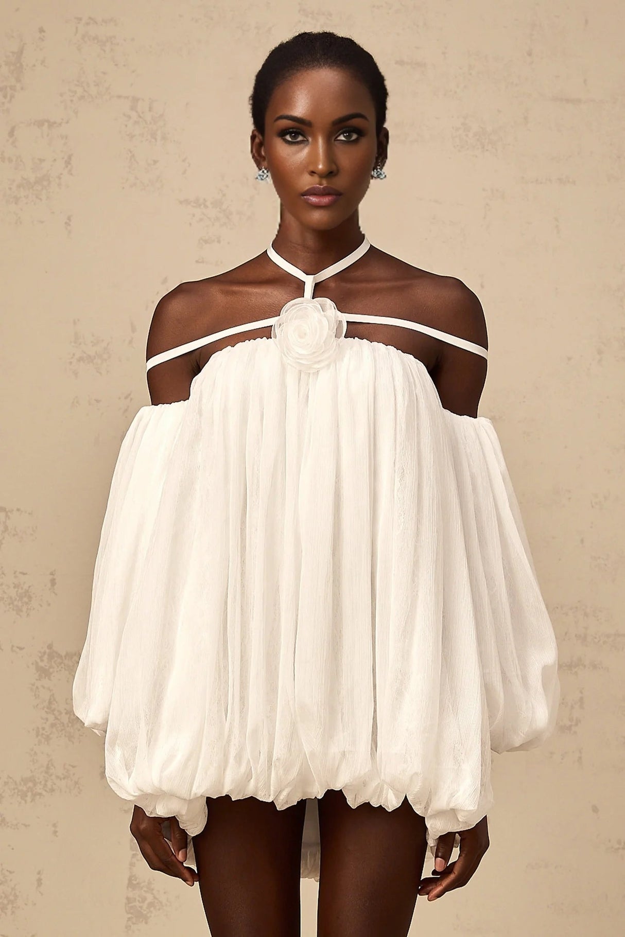 Michela Mini Dress White Floral Appliqu Halter Puff Sleeves Open Back