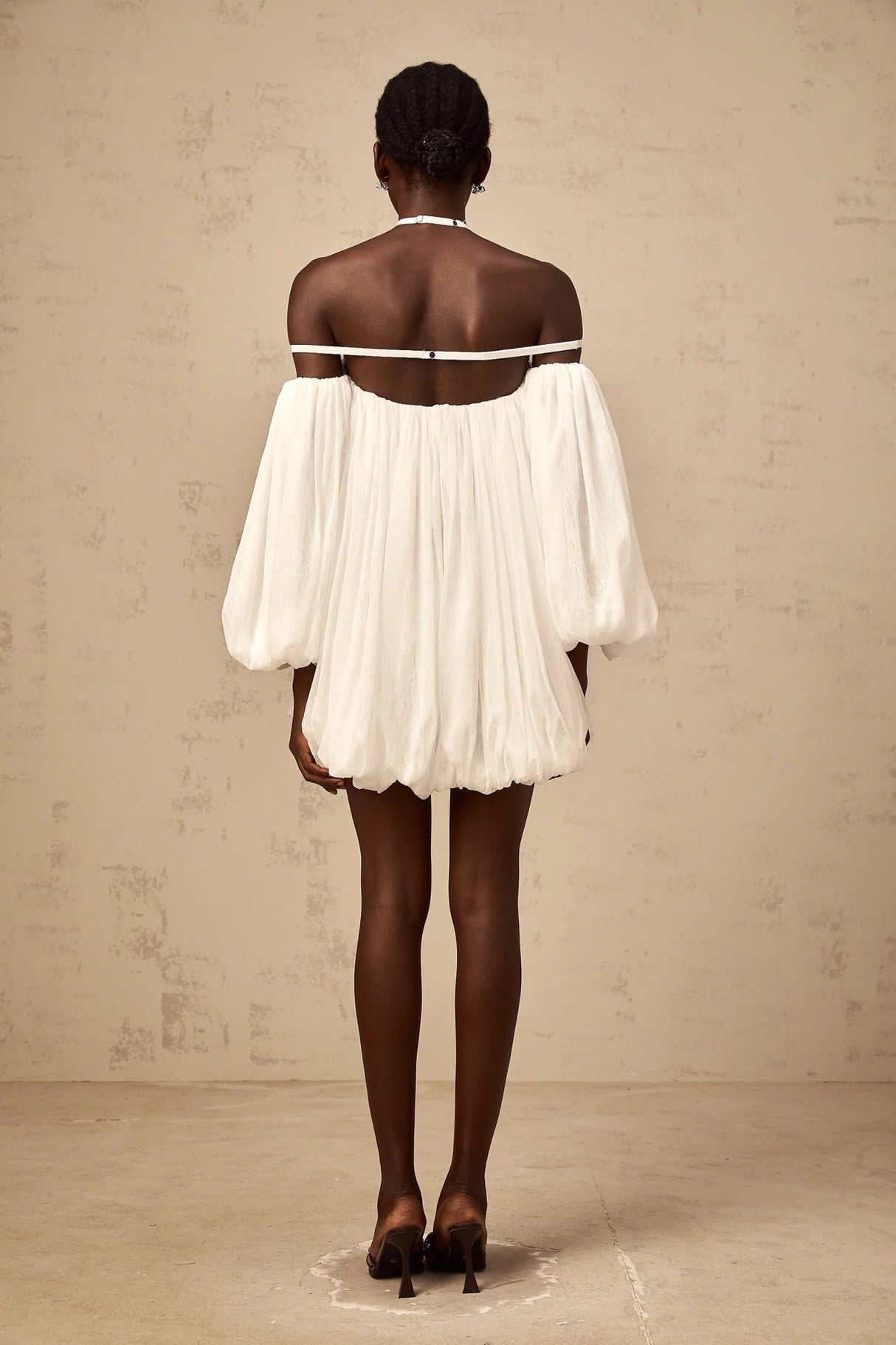 Michela Mini Dress White Floral Appliqu Halter Puff Sleeves Open Back