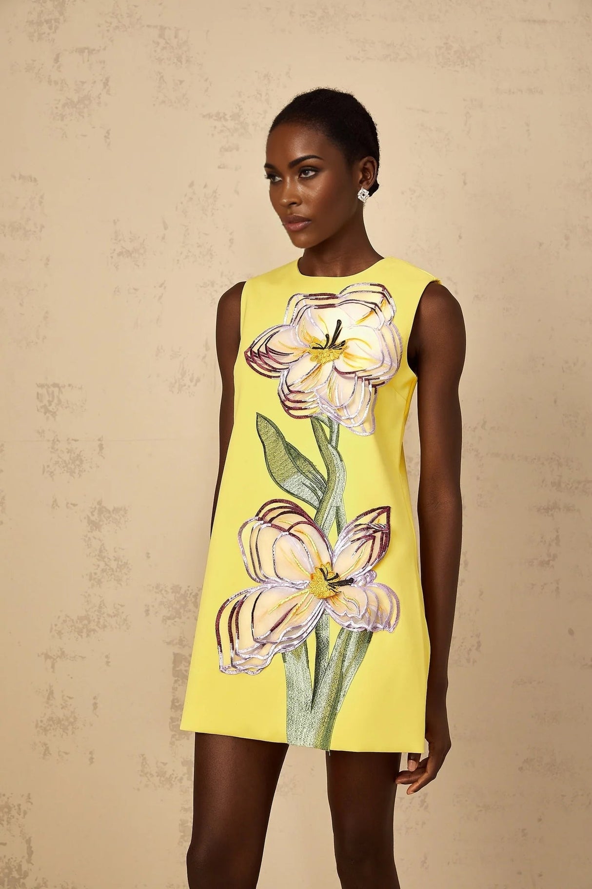 Michela Mini Dress Yellow Sequin Floral Embroidered