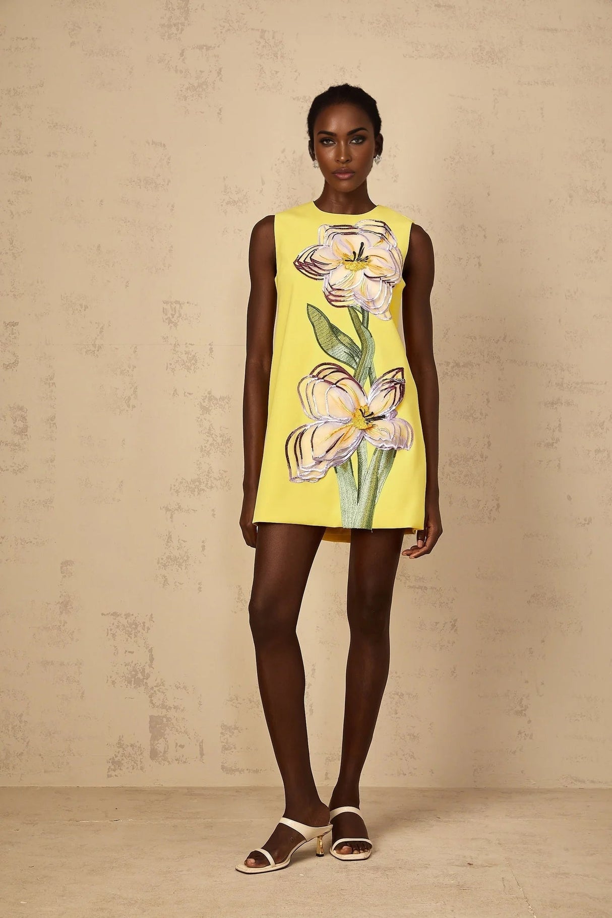 Michela Mini Dress Yellow Sequin Floral Embroidered