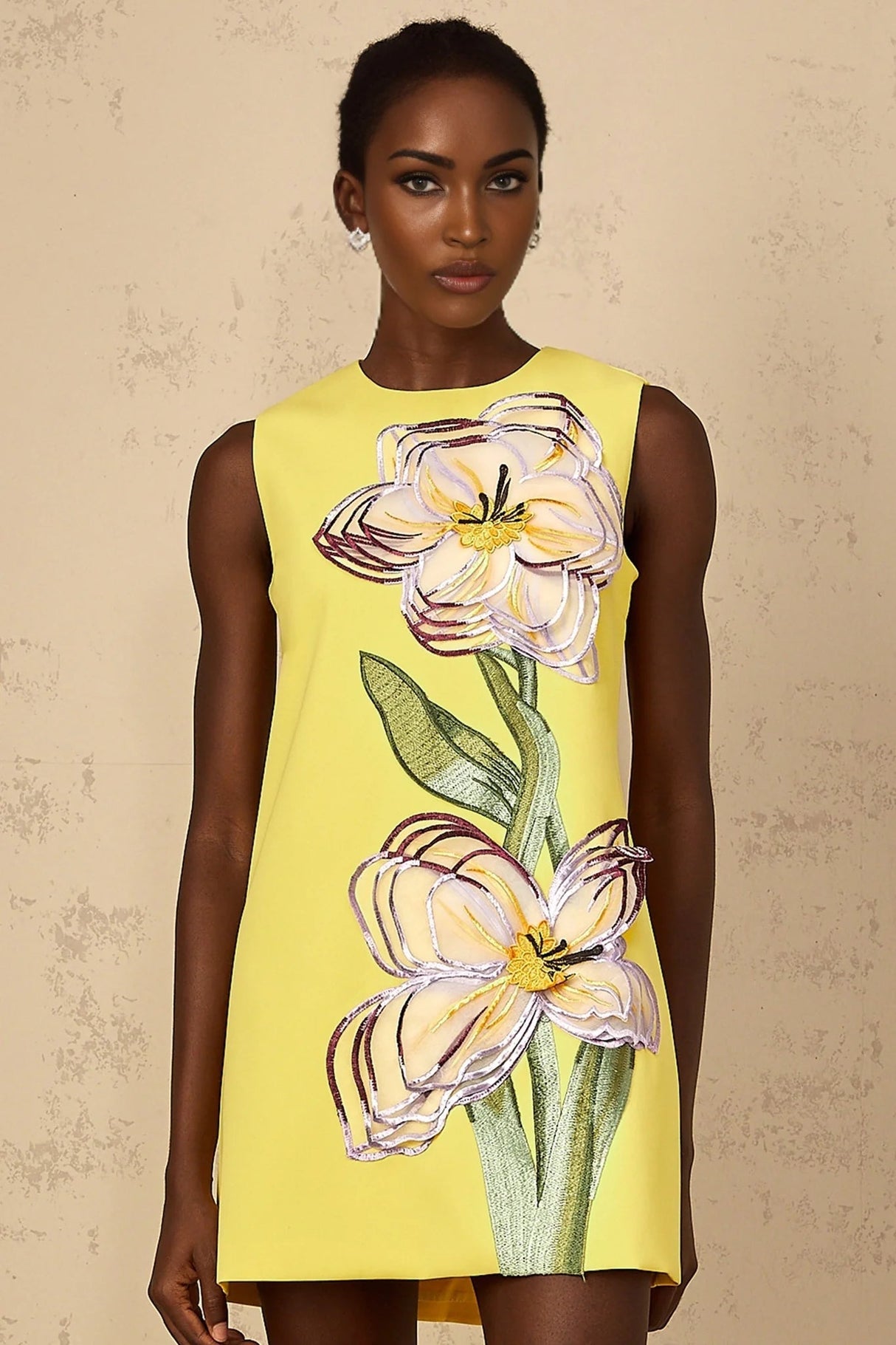 Michela Mini Dress Yellow Sequin Floral Embroidered