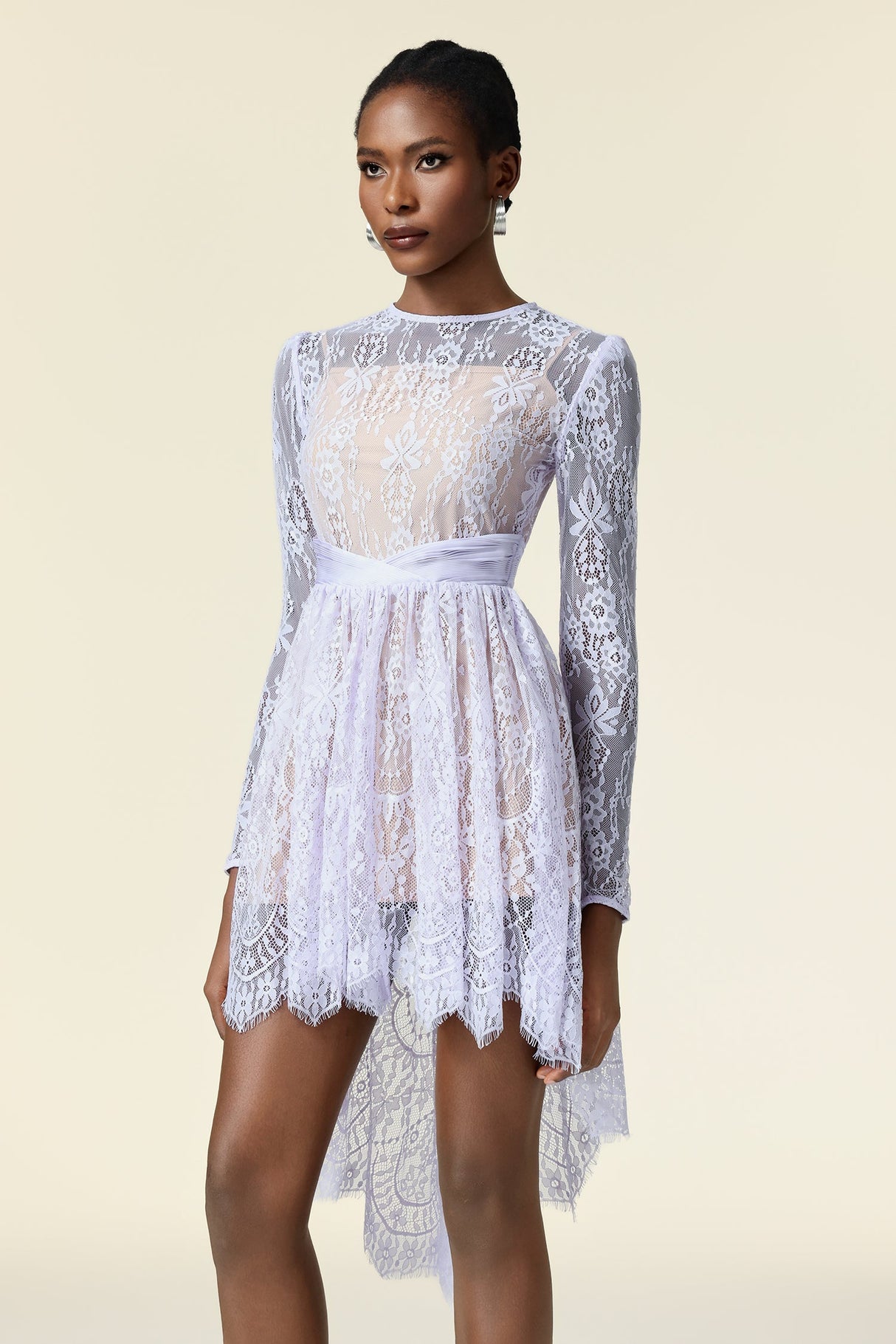 Michela White Lace Long Sleeve Mini Dress Asymmetric Hemline Cinched Waist