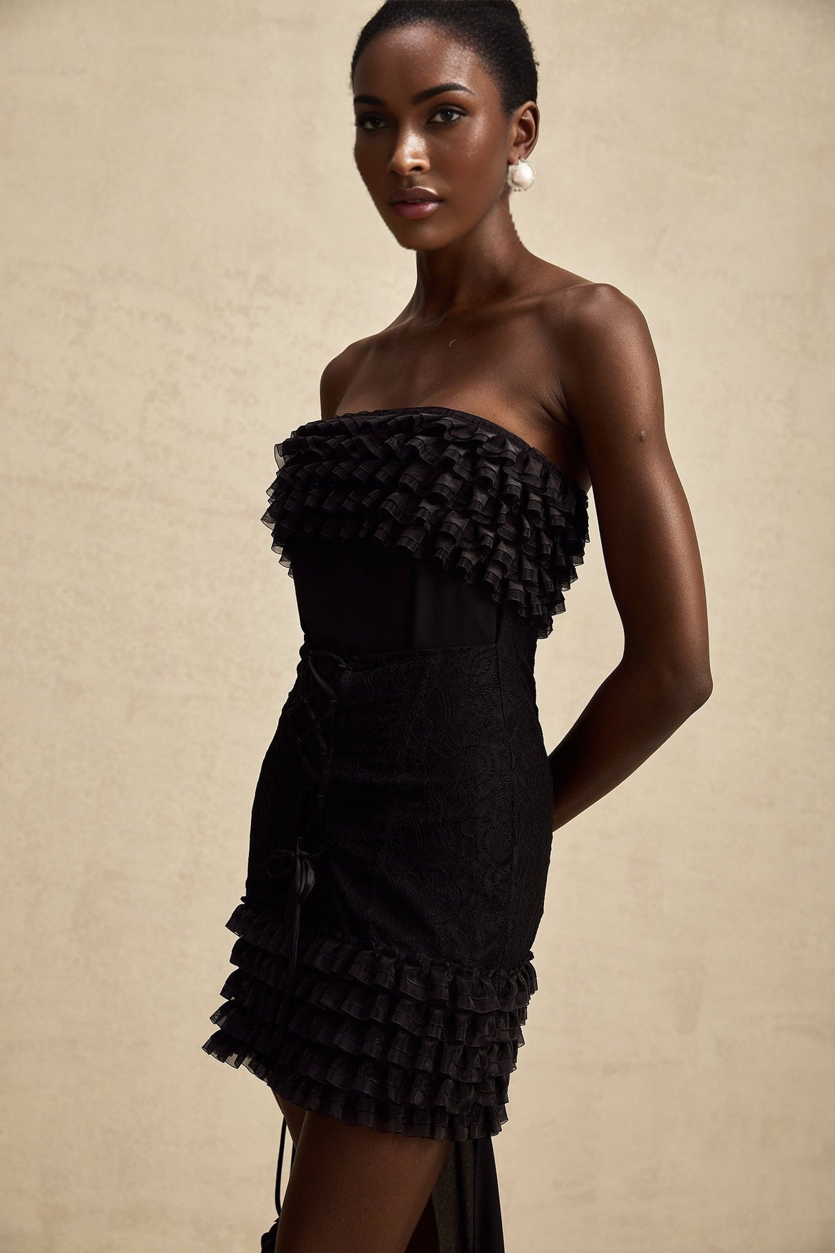 Michèle Black Strapless Mini Dress With Lace - Up Front and Ruffle Train