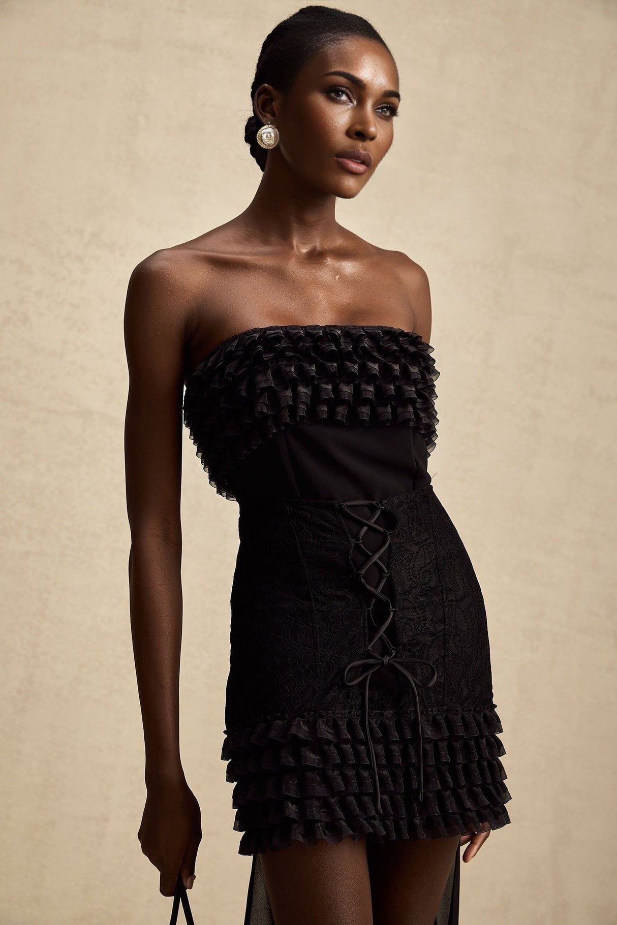 Michèle Black Strapless Mini Dress With Lace - Up Front and Ruffle Train