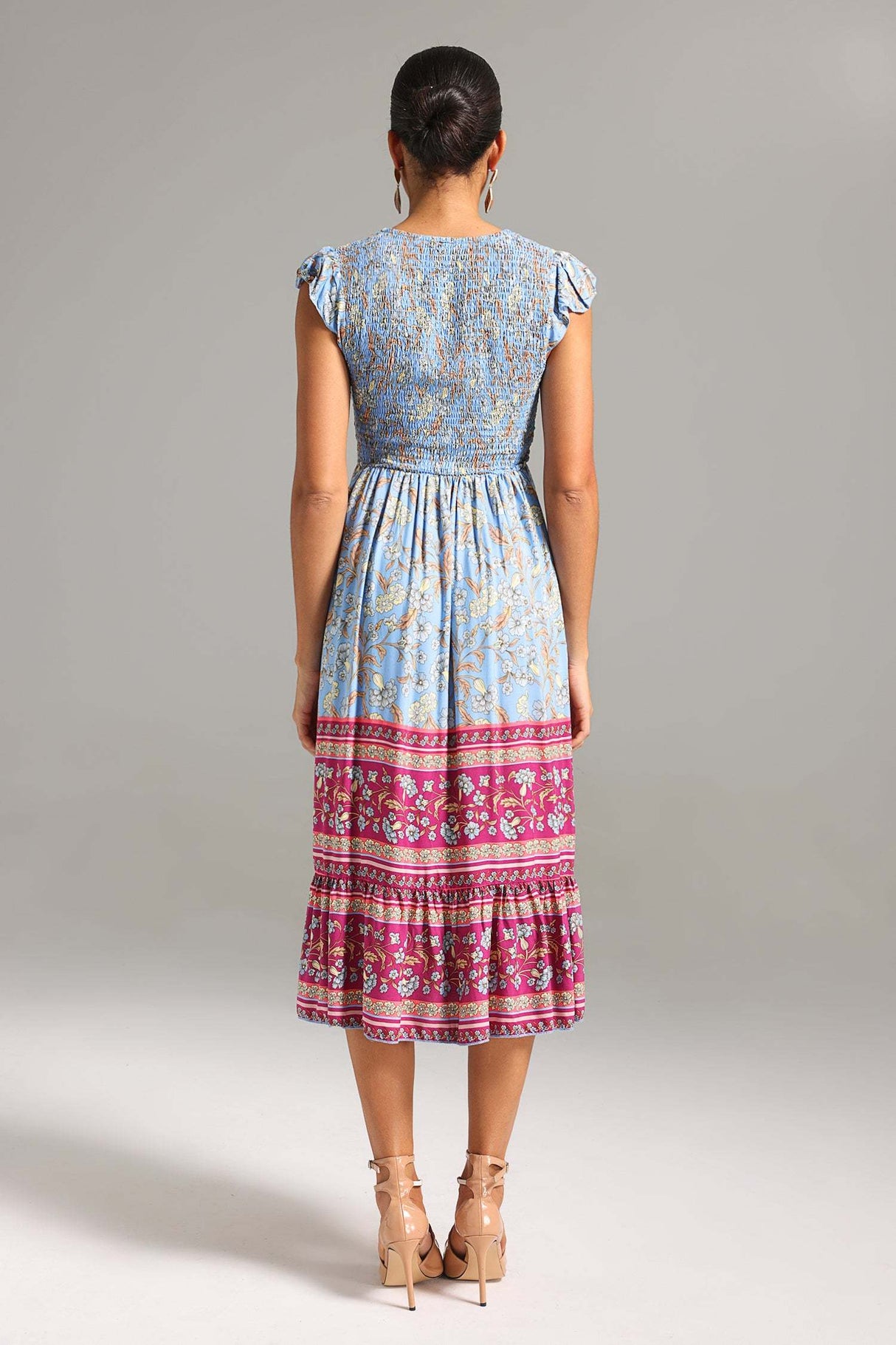Michelina Blue Floral Print Midi Dress with Flutter Sleeves