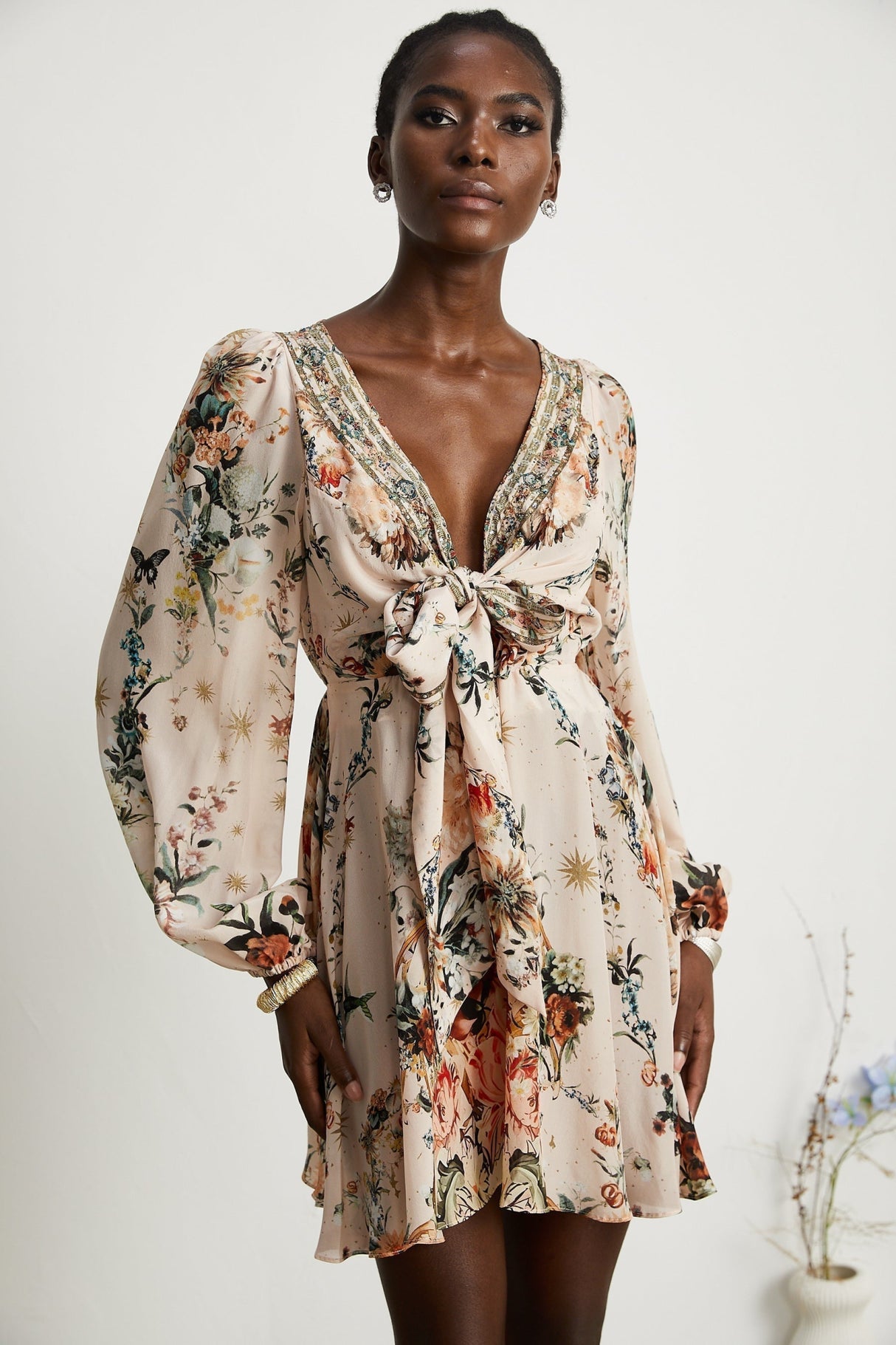 Michelina Dress Floral Print Blouson Sleeve Bow Detail Silk Thigh - Length