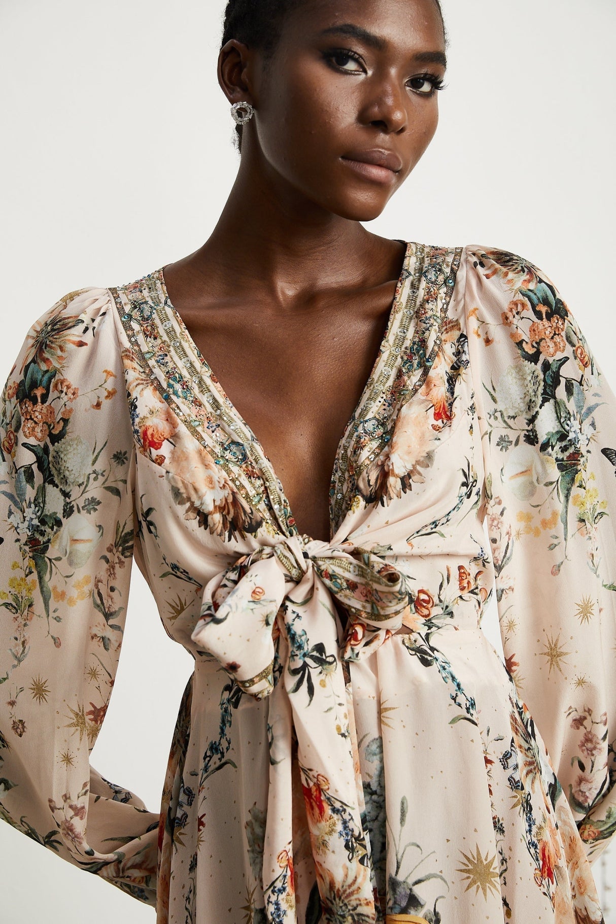 Michelina Dress Floral Print Blouson Sleeve Bow Detail Silk Thigh - Length