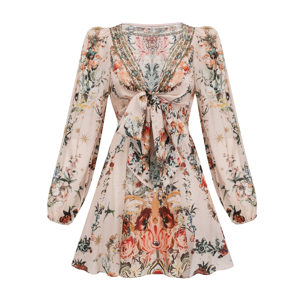Michelina Dress Floral Print Blouson Sleeve Bow Detail Silk Thigh - Length