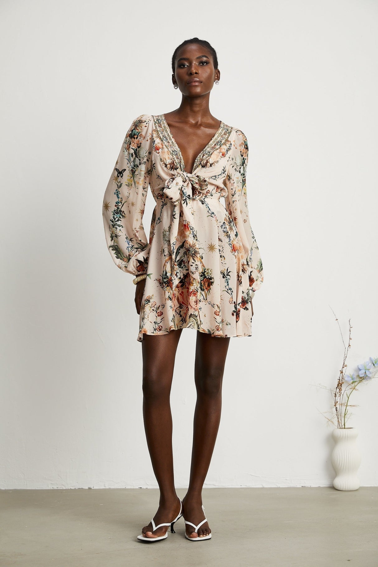 Michelina Dress Floral Print Blouson Sleeve Bow Detail Silk Thigh - Length