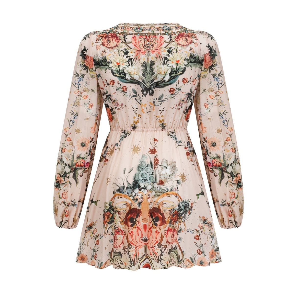 Michelina Dress Floral Print Blouson Sleeve Bow Detail Silk Thigh - Length