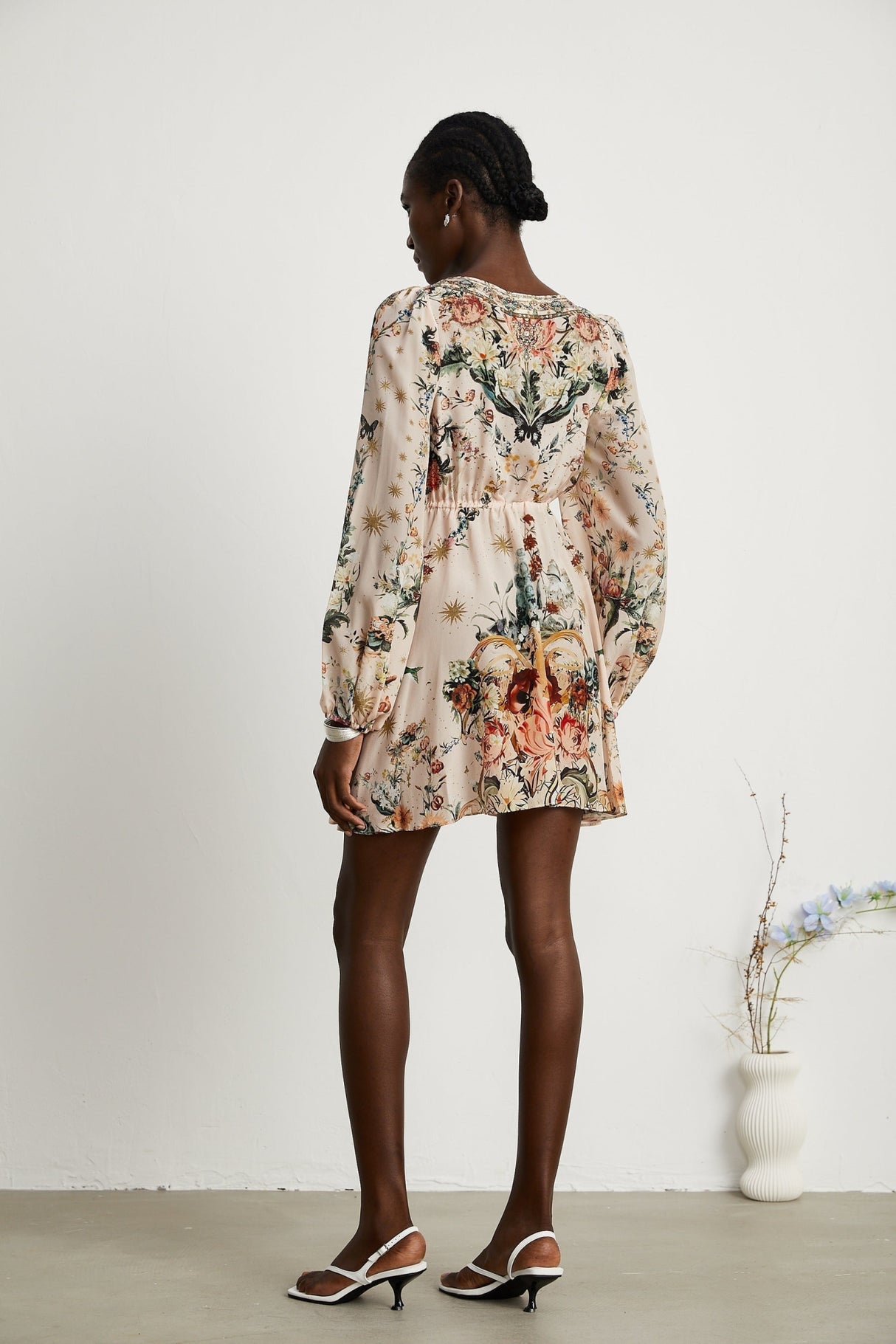 Michelina Dress Floral Print Blouson Sleeve Bow Detail Silk Thigh - Length