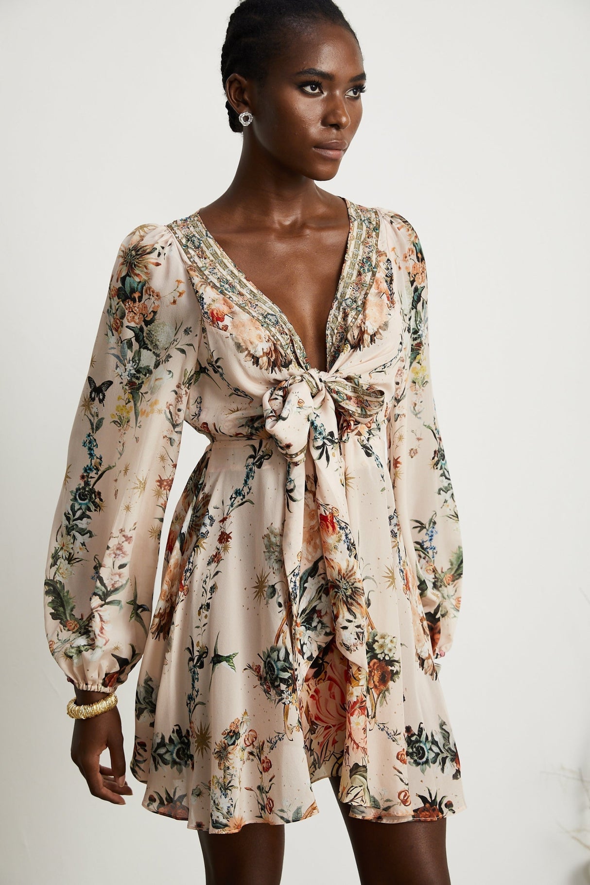 Michelina Dress Floral Print Blouson Sleeve Bow Detail Silk Thigh - Length