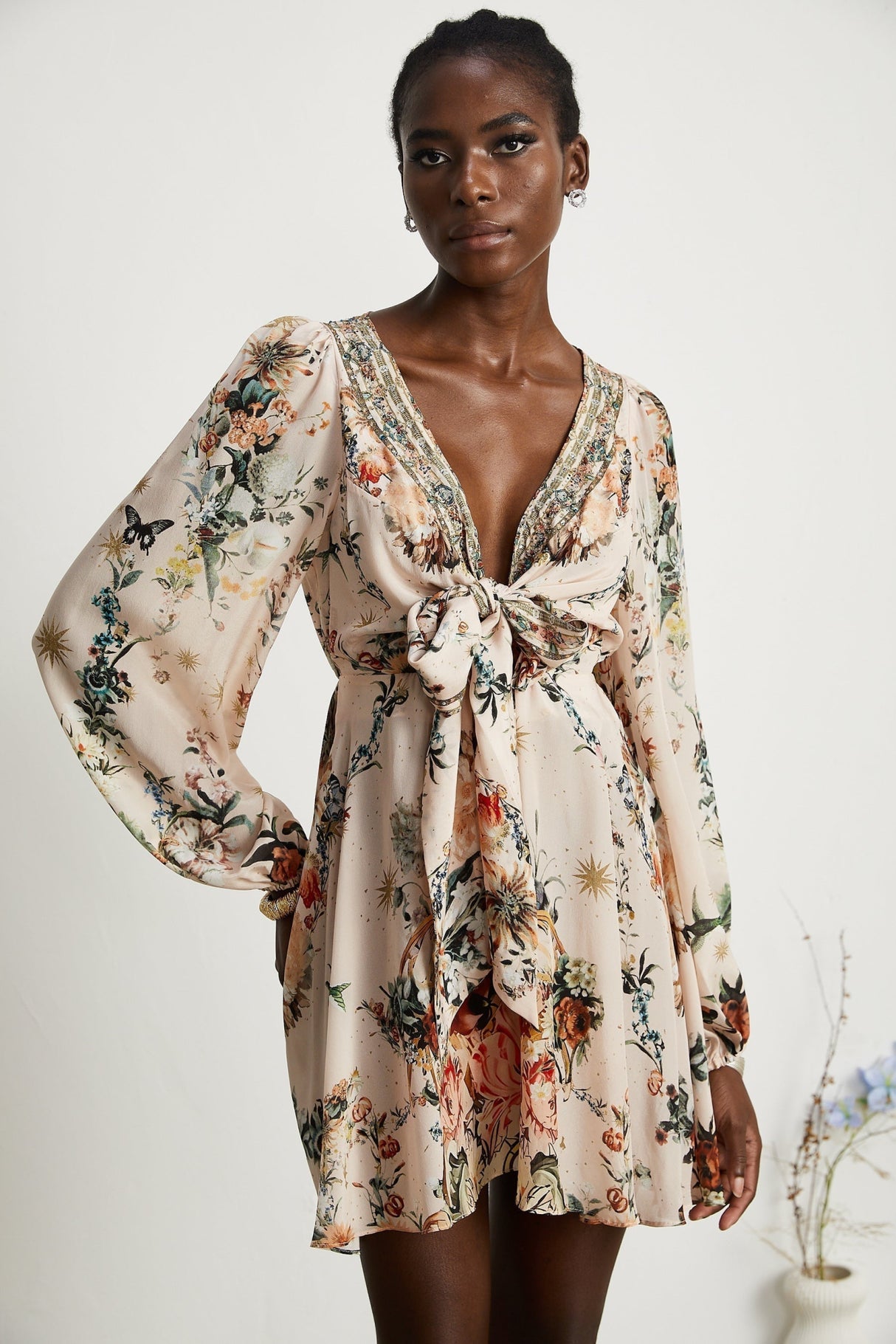 Michelina Dress Floral Print Blouson Sleeve Bow Detail Silk Thigh - Length