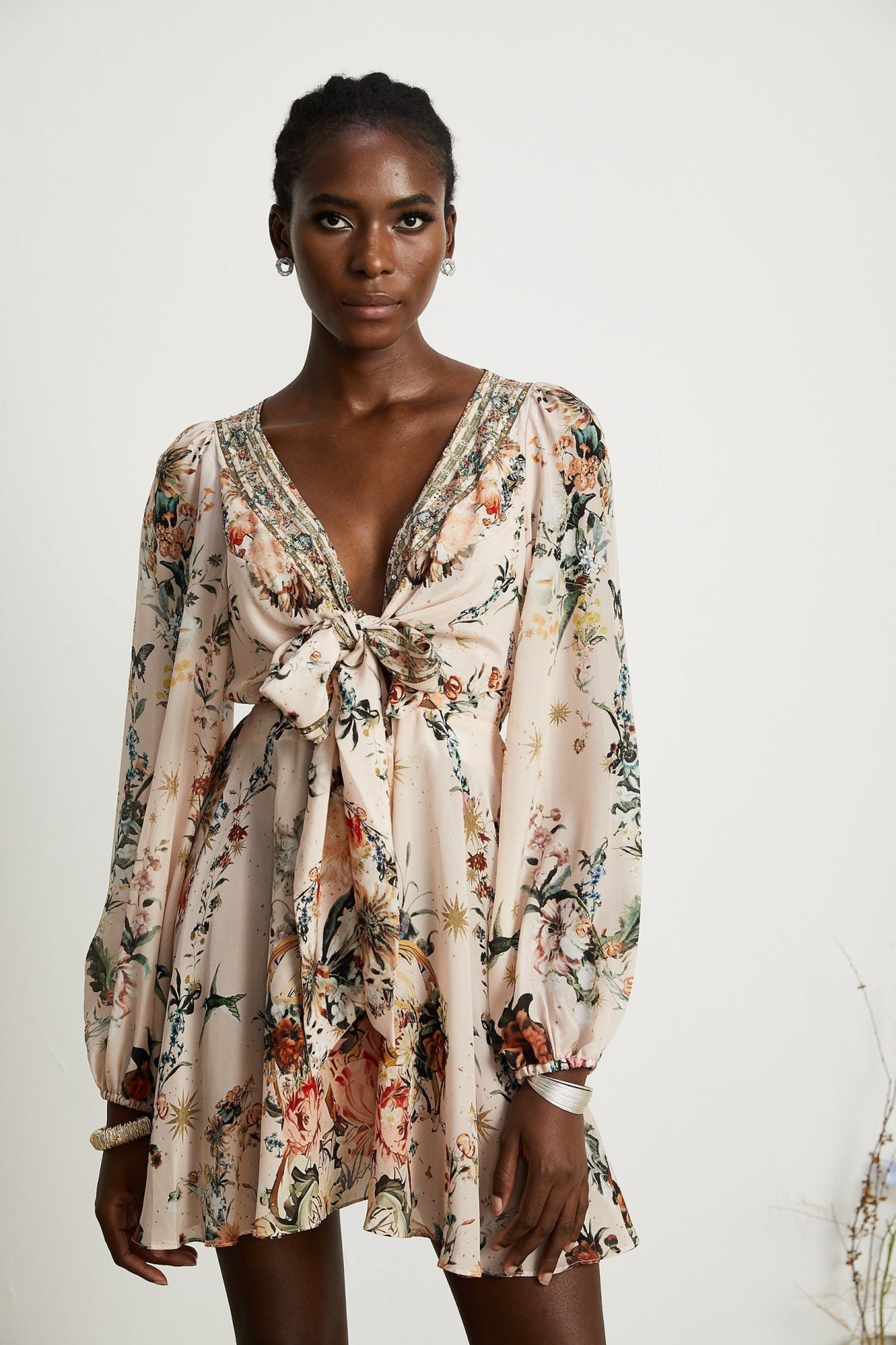 Michelina Dress Floral Print Blouson Sleeve Bow Detail Silk Thigh - Length