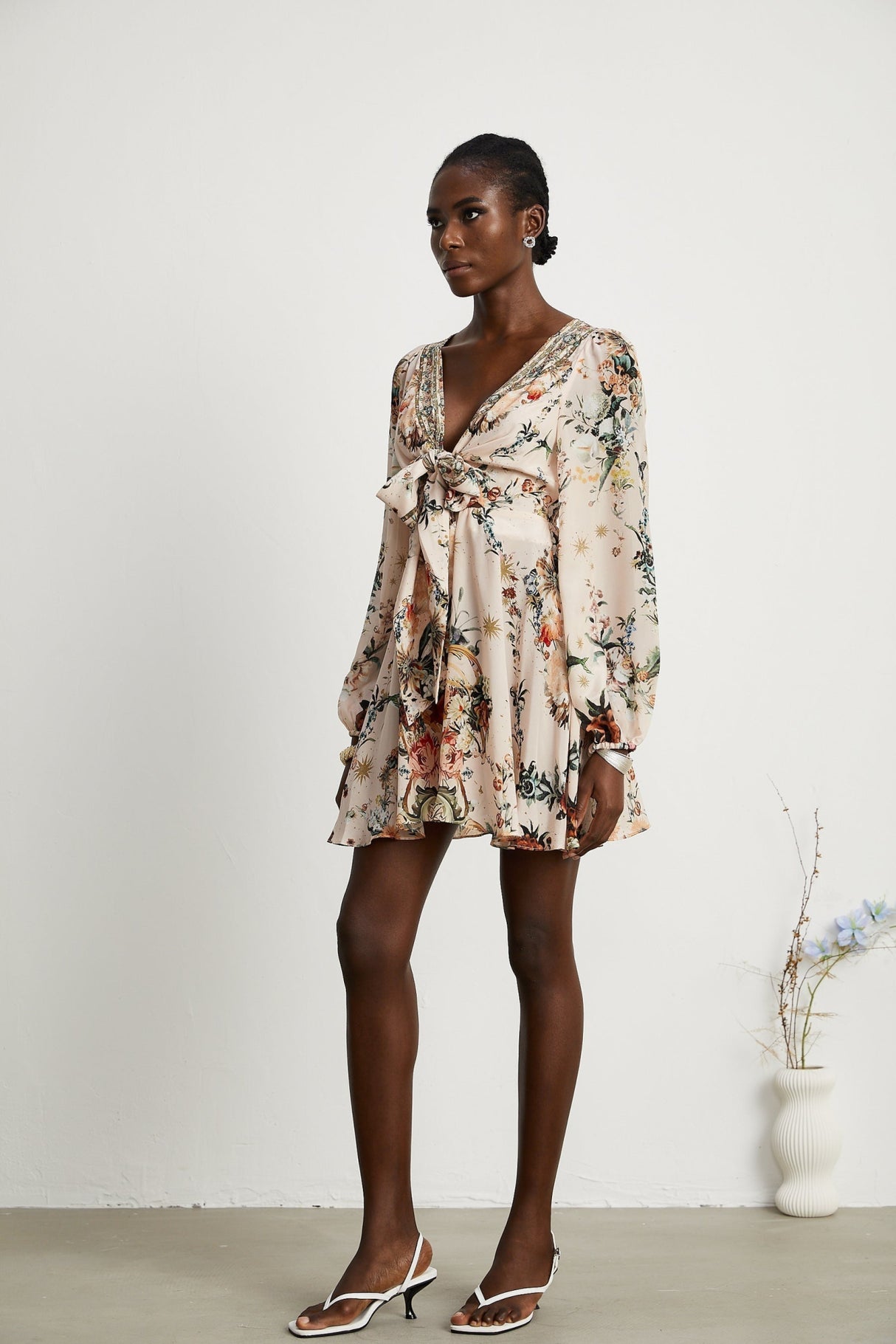 Michelina Dress Floral Print Blouson Sleeve Bow Detail Silk Thigh - Length