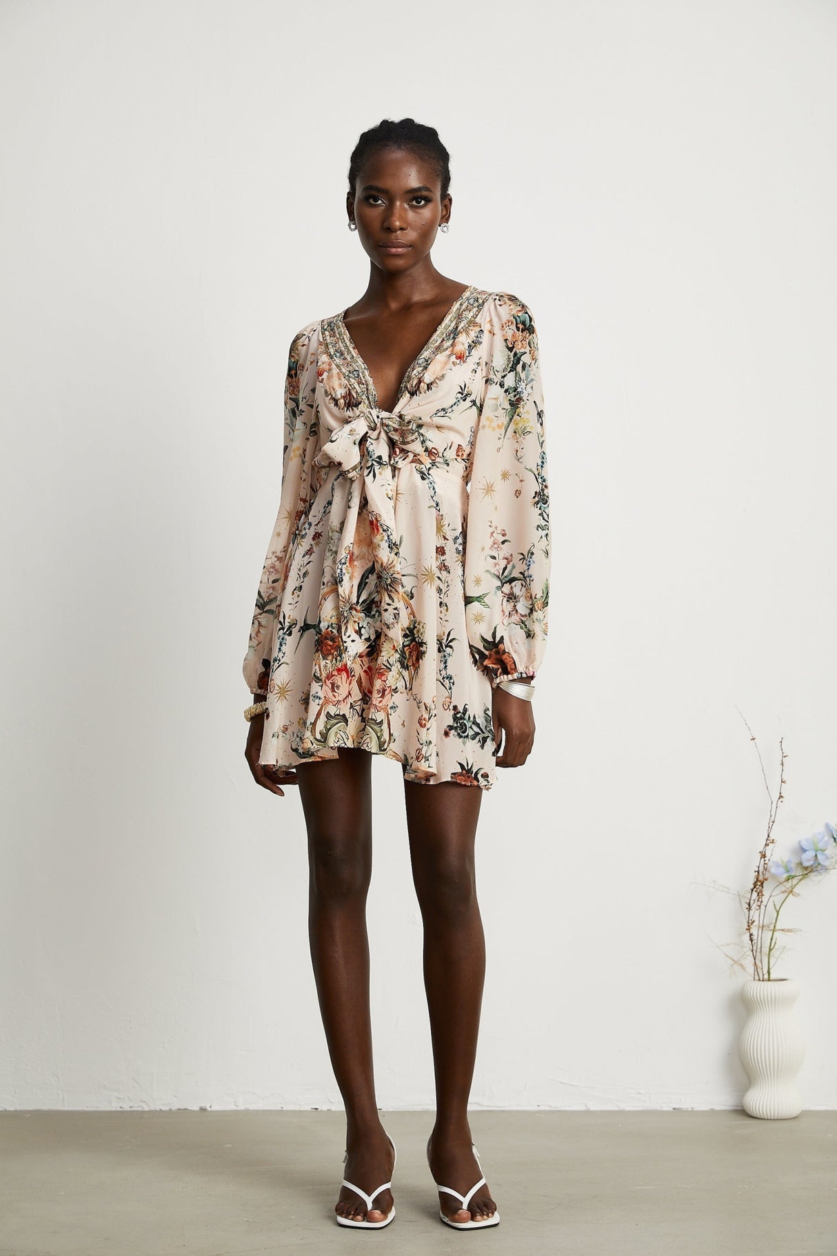 Michelina Dress Floral Print Blouson Sleeve Bow Detail Silk Thigh - Length