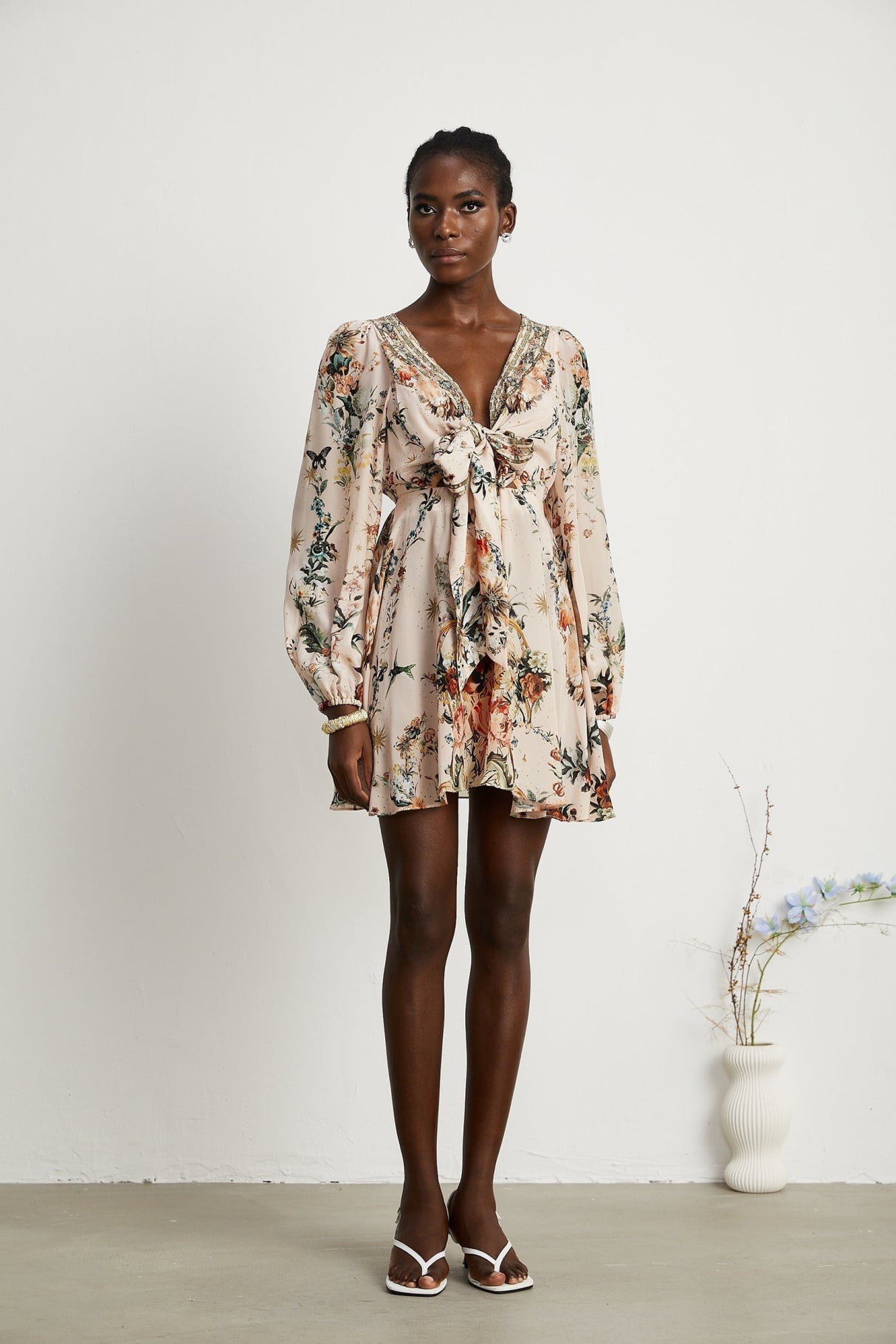 Michelina Dress Floral Print Blouson Sleeve Bow Detail Silk Thigh - Length