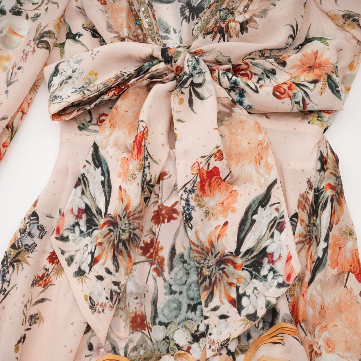 Michelina Dress Floral Print Blouson Sleeve Bow Detail Silk Thigh - Length