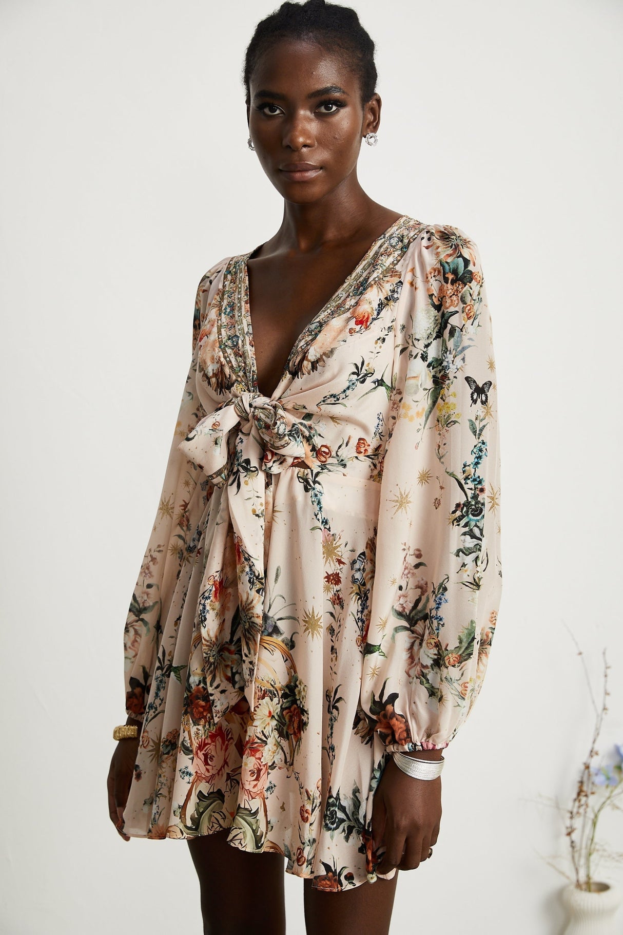 Michelina Dress Floral Print Blouson Sleeve Bow Detail Silk Thigh - Length