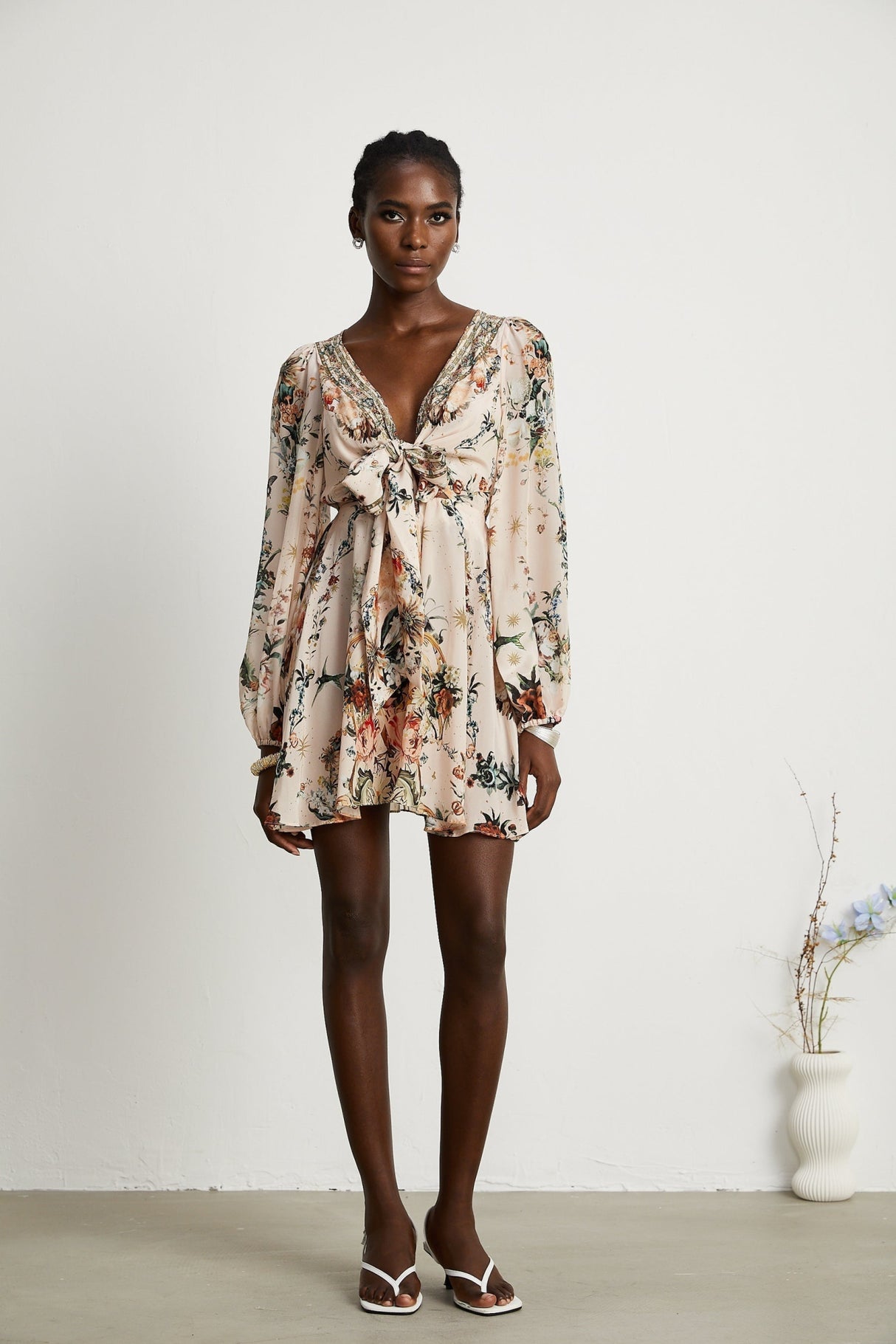 Michelina Dress Floral Print Blouson Sleeve Bow Detail Silk Thigh - Length